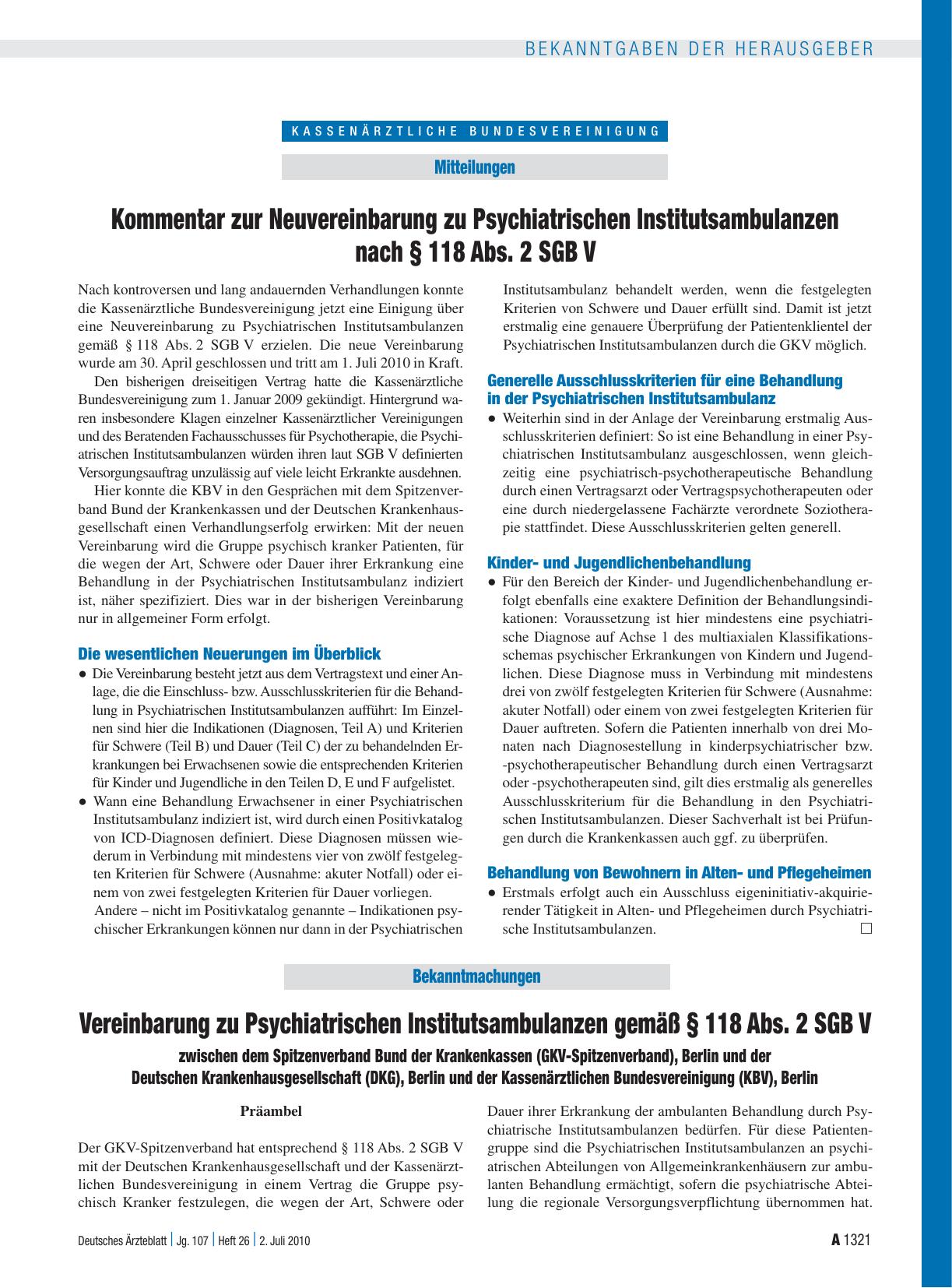 Vorschauseite 1: Vereinbarung zu Psychiatrischen Institutsambulanzen gemäß § 118 Abs. 2 SGB V zwischen dem Spitzenverband Bund der Krankenkassen (GKV-Spitzenverband), Berlin und der Deutschen Kran…