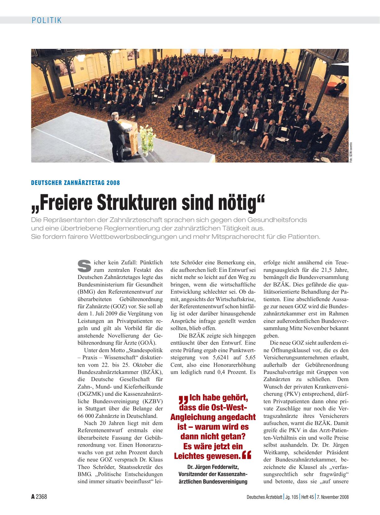 Vorschauseite 1: Deutscher Zahnärztetag 2008: „Freiere Strukturen sind nötig“