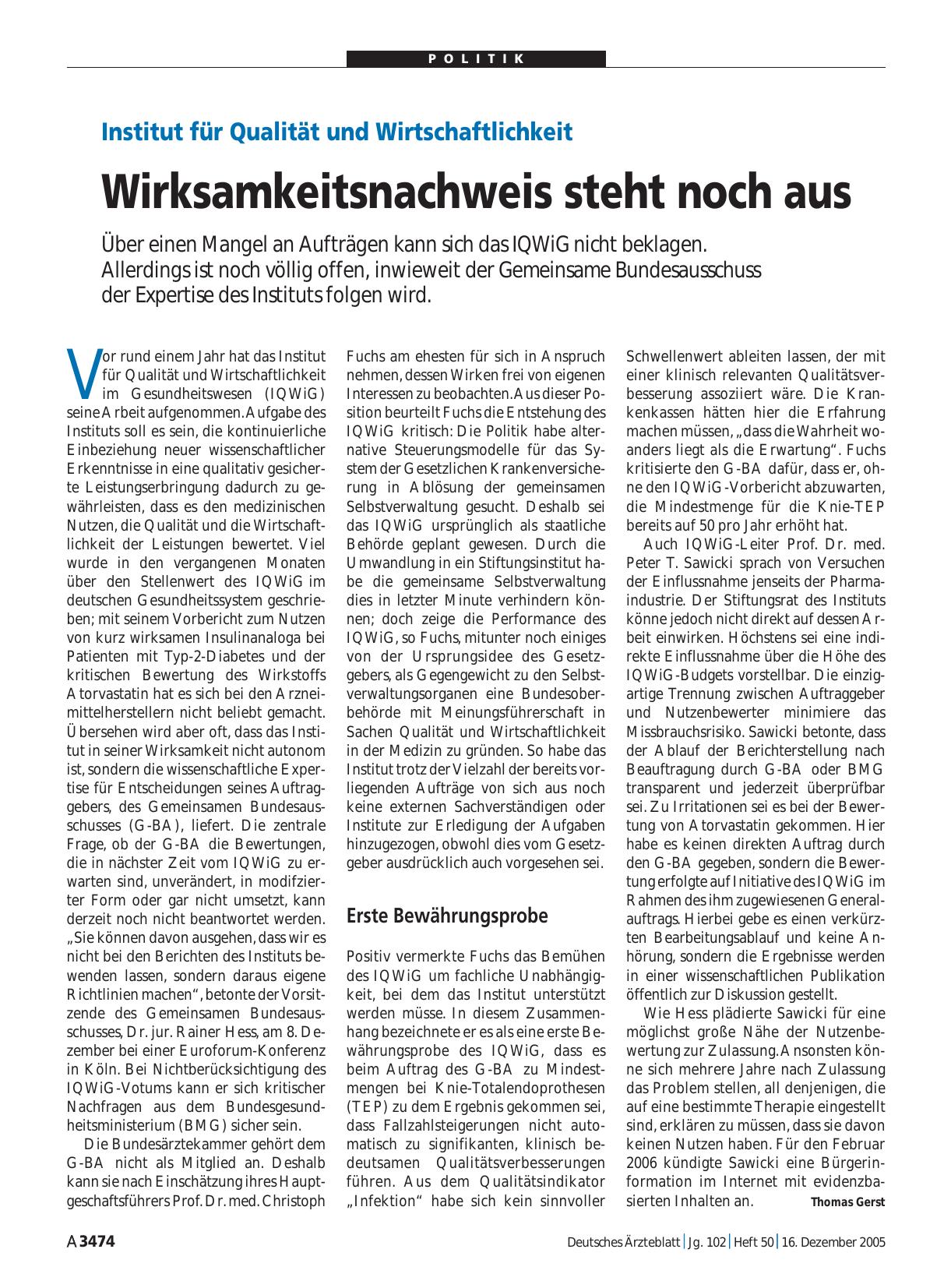 Vorschauseite 1: Institut für Qualität und Wirtschaftlichkeit: Wirksamkeitsnachweis steht noch aus