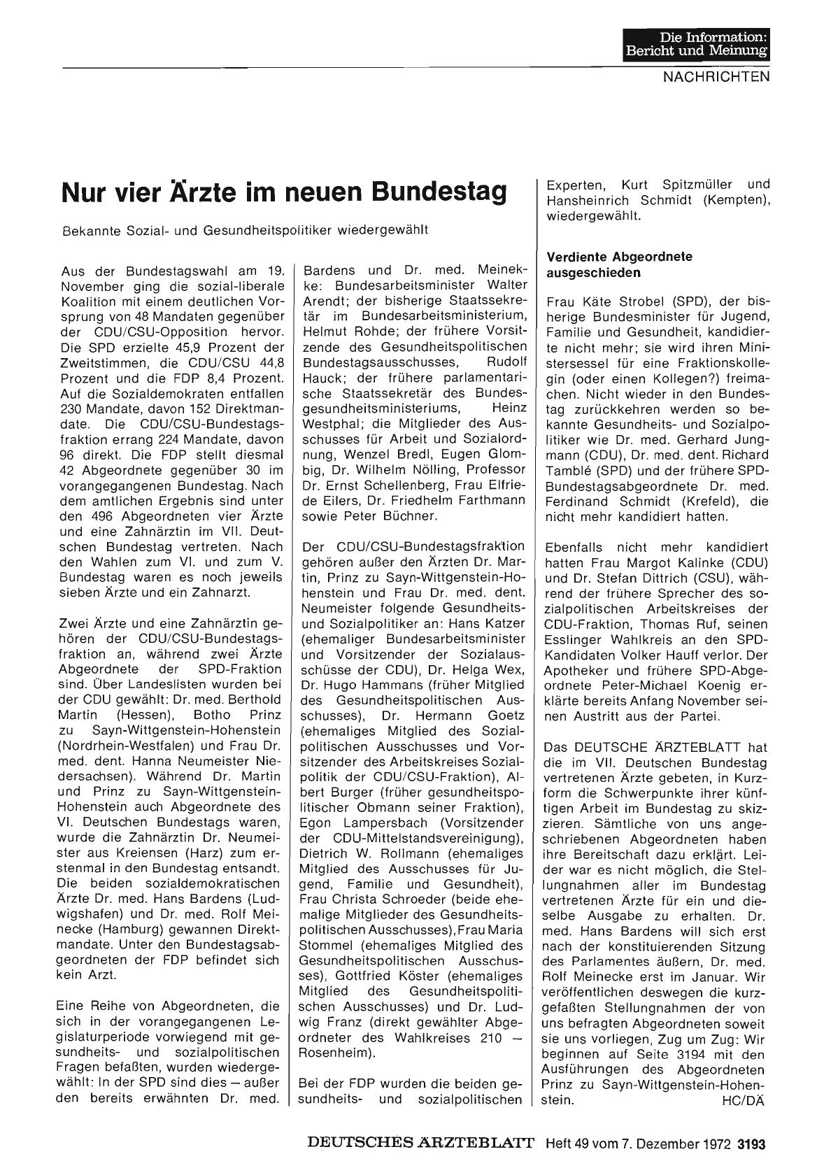 Vorschauseite 1: Nur vier Ärzte im neuen Bundestag