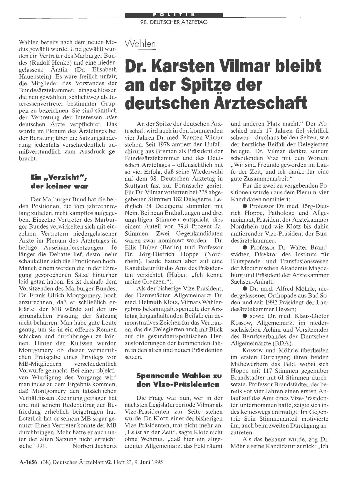 Vorschauseite 1: Wahlen: Dr. Karsten Vilmar bleibt an der Spitze der deutschen Ärzteschaft