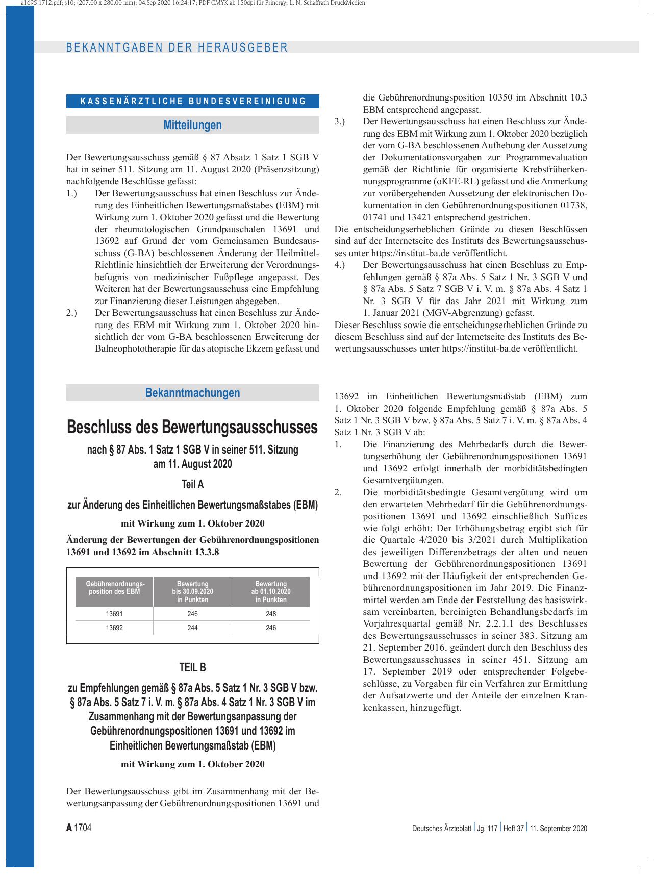 Vorschauseite 1: Beschluss des Bewertungsausschusses nach § 87 Abs. 1 Satz 1 SGB V in seiner 511. Sitzung am 11. August 2020