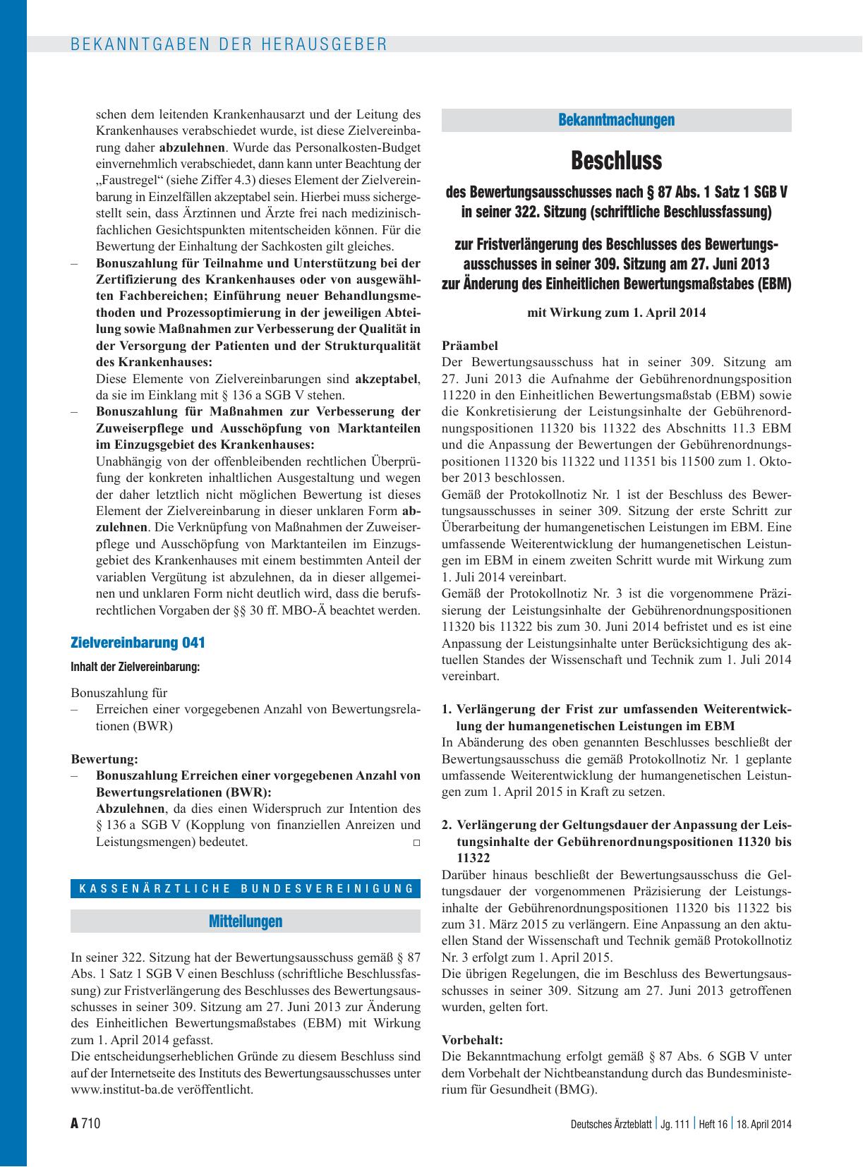 Vorschauseite 1: Beschluss des Bewertungsausschusses nach § 87 Abs. 1 Satz 1 SGB V in seiner 322. Sitzung (schriftliche Beschlussfassung) zur Fristverlängerung des Beschlusses des Bewertungsaussch…