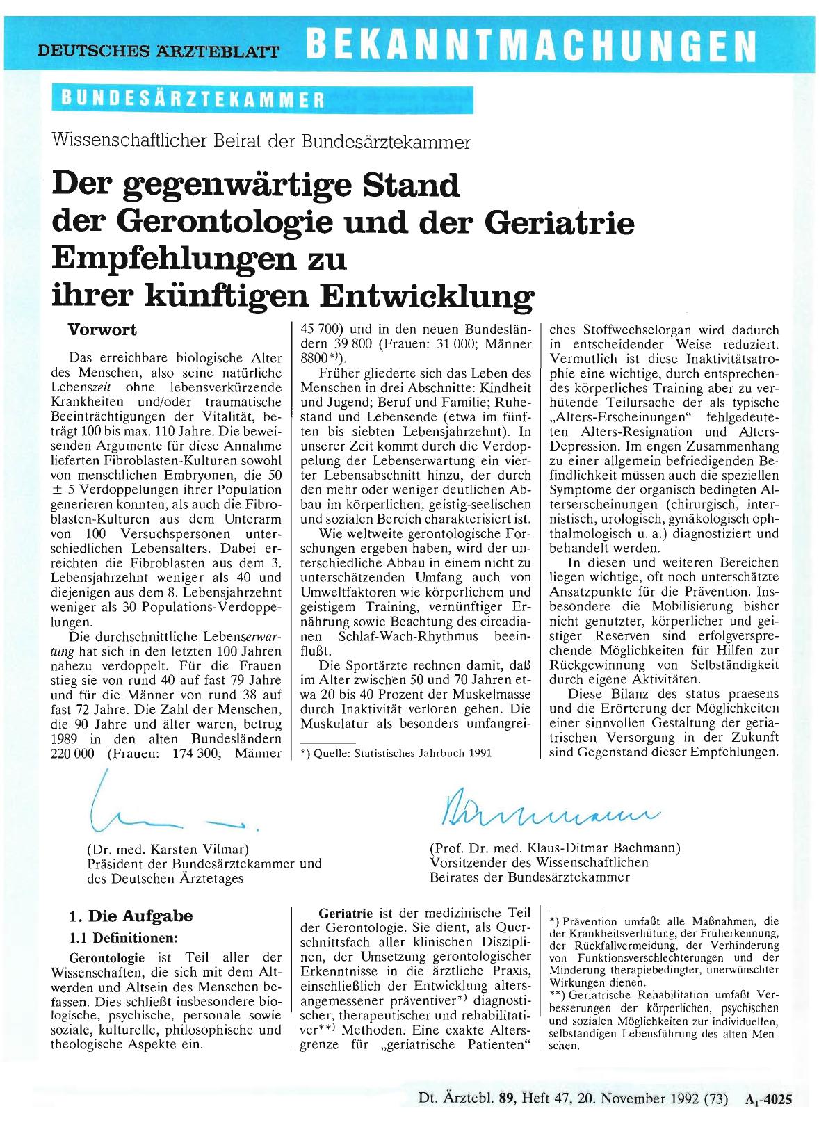 Vorschauseite 1: Wissenschaftlicher Beirat der Bundesärztekammer: Der gegenwärtige Stand der Gerontologie und der Geriatrie - Empfehlungen zu ihrer künftigen Entwicklung
