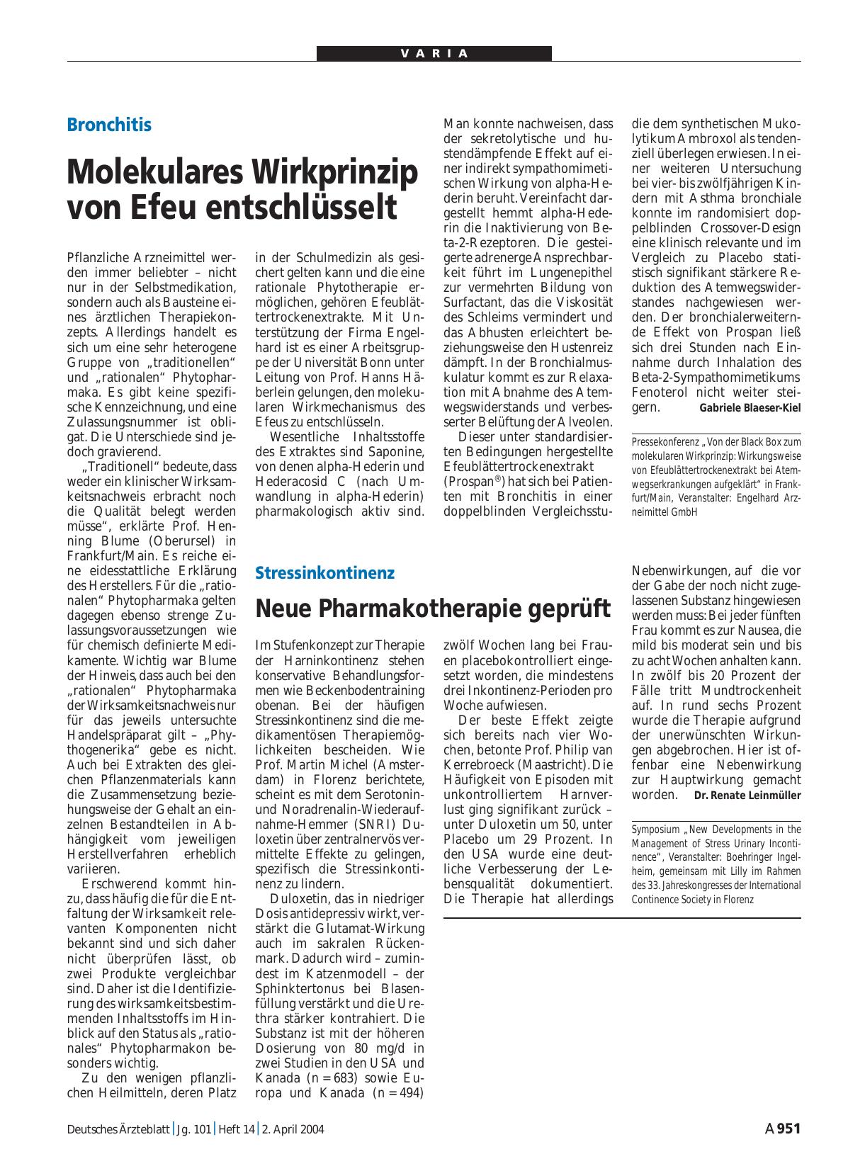 Vorschauseite 1: Stressinkontinenz: Neue Pharmakotherapie geprüft