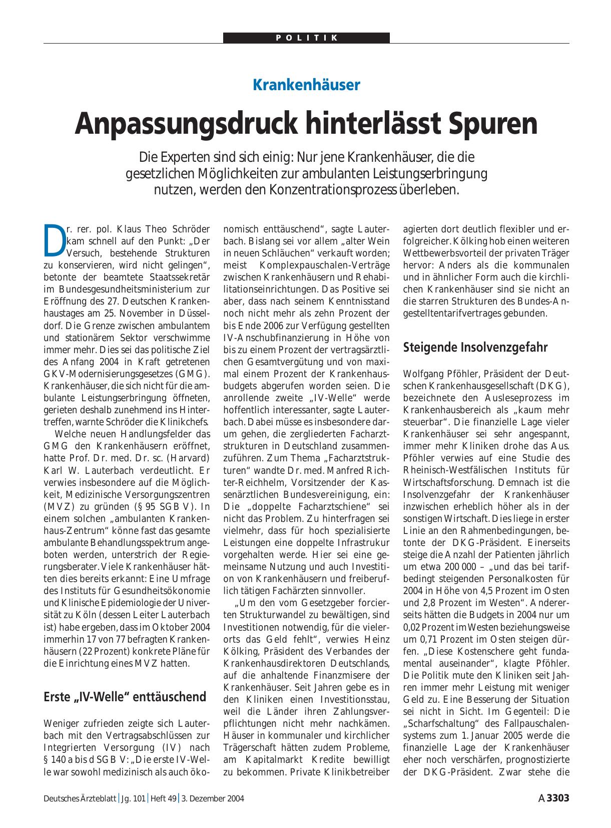 Vorschauseite 1: Krankenhäuser: Anpassungsdruck hinterlässt Spuren