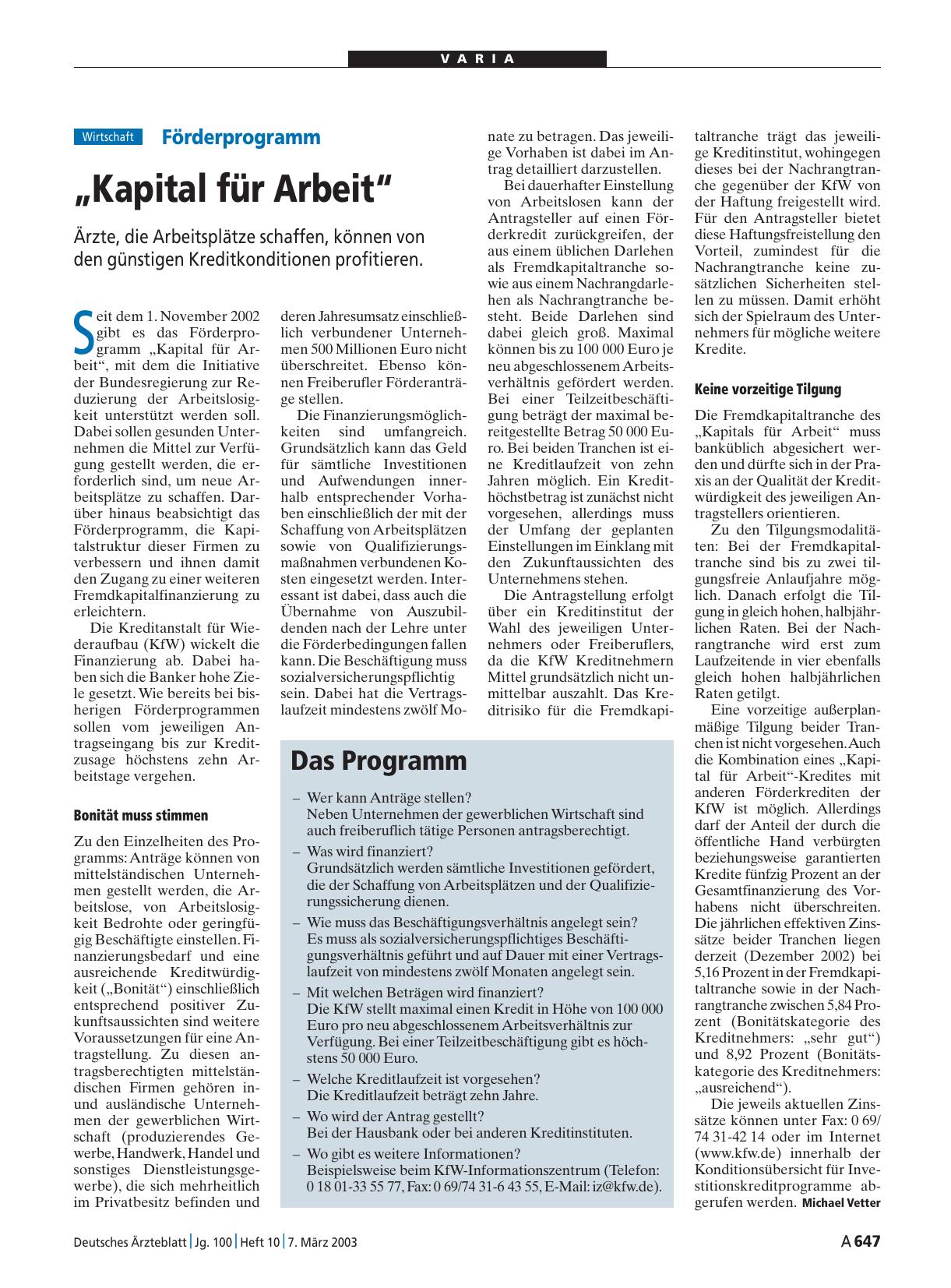 Vorschauseite 1: Förderprogramm: „Kapital für Arbeit“