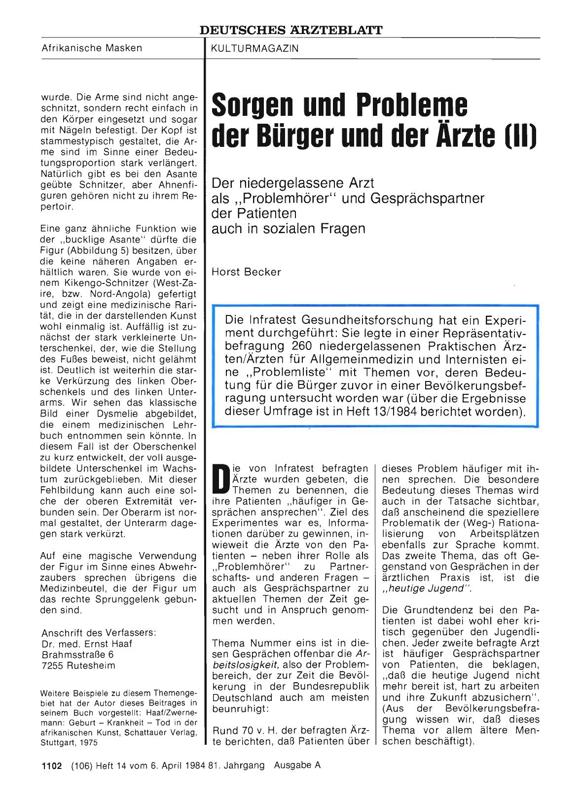 Vorschauseite 1: Sorgen und Probleme der Bürger und der Ärzte (II): Der niedergelassene Arzt als „Problemhörer“ und Gesprächspartner der Patienten auch in sozialen Fragen