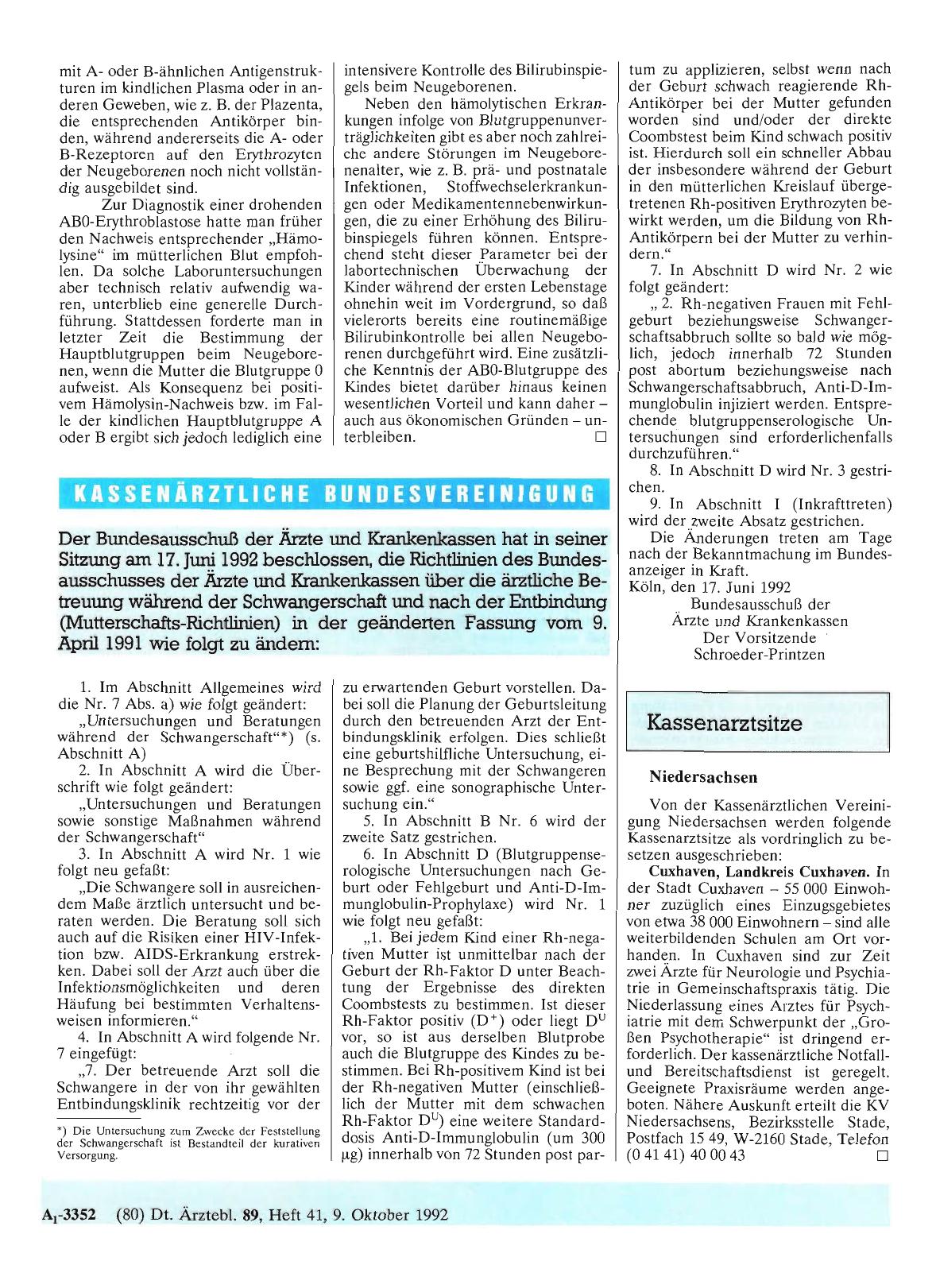 Vorschauseite 1: Der Bundesausschuß der Ärzte und Krankenkassen hat in seiner Sitzung am 17. Juni 1992 beschlossen, die Richtlinien des Bundesausschusses der Ärzte und Krankenkassen über die ärztl…