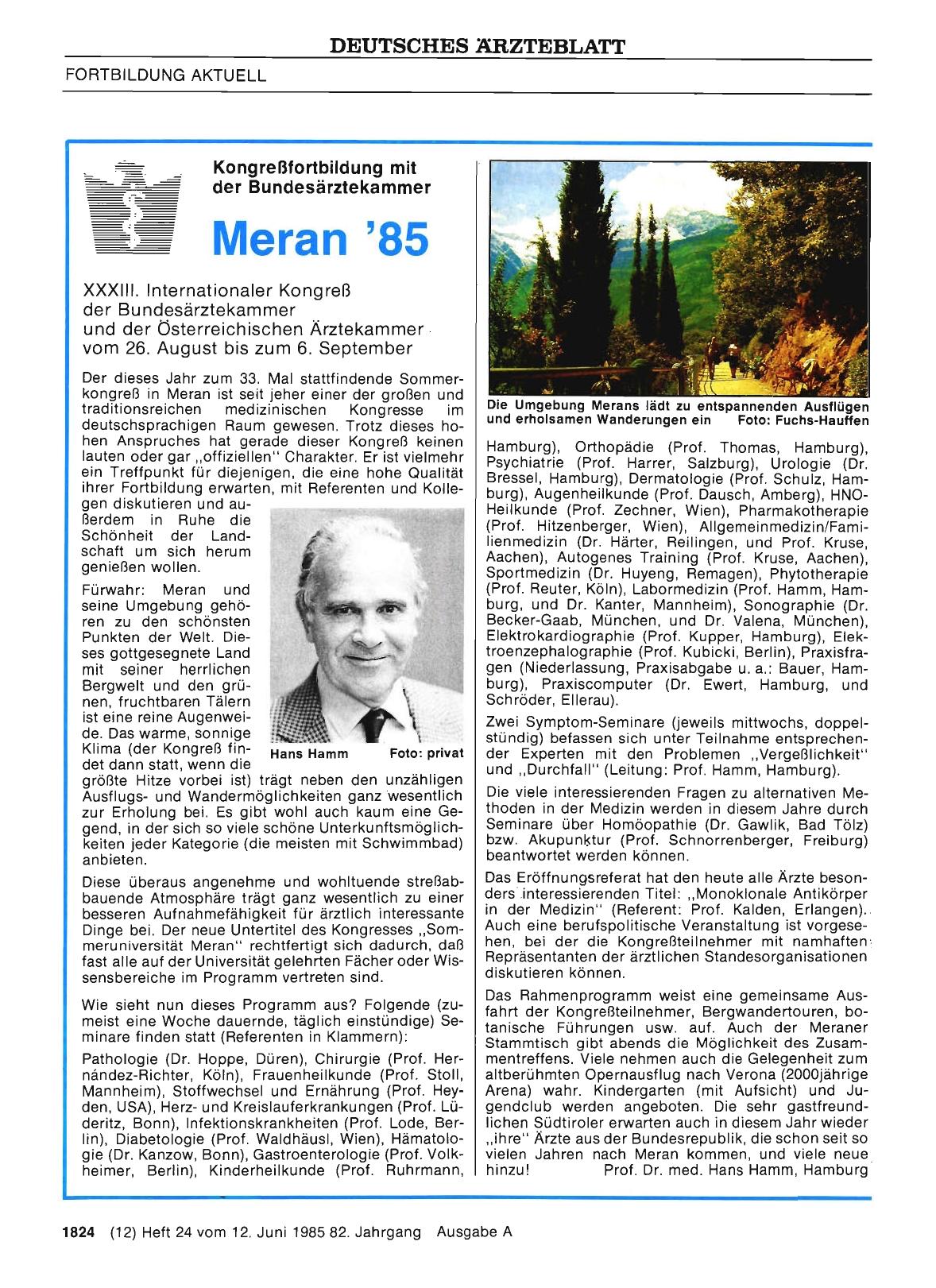 Vorschauseite 1: Kongreßfortbildung mit der Bundesärztekammer Meran '85