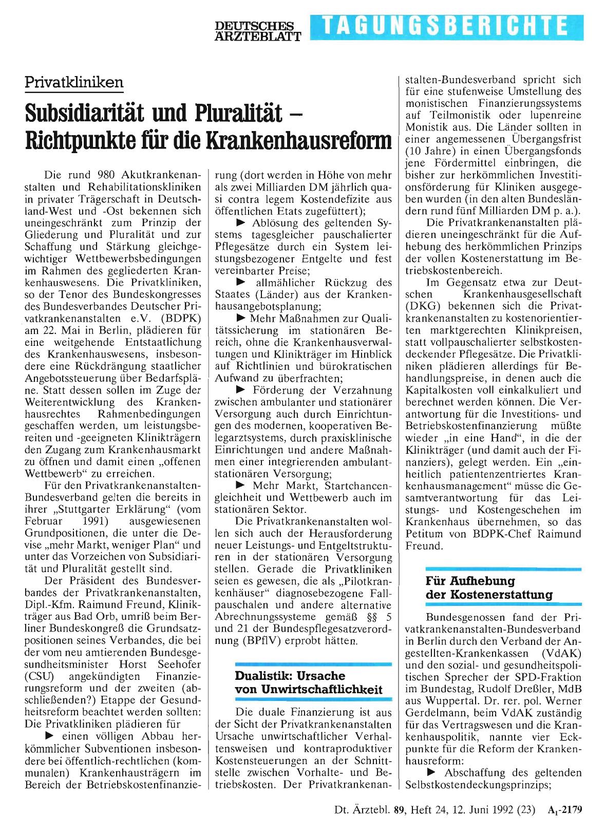 Vorschauseite 1: Privatkliniken: Subsidiarität und Pluralität – Richtpunkte für die Krankenhausrefonn