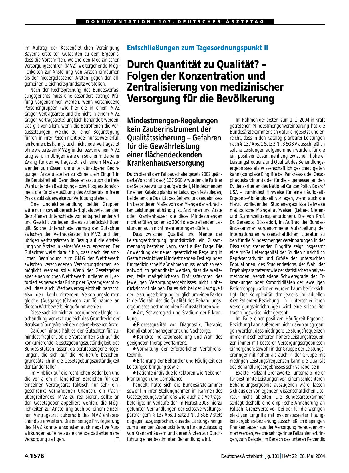 Vorschauseite 1: Entschließungen zum Tagesordnungspunkt II: Durch Quantität zu Qualität? – Folgen der Konzentration und Zentralisierung von medizinischer Versorgung für die Bevölkerung