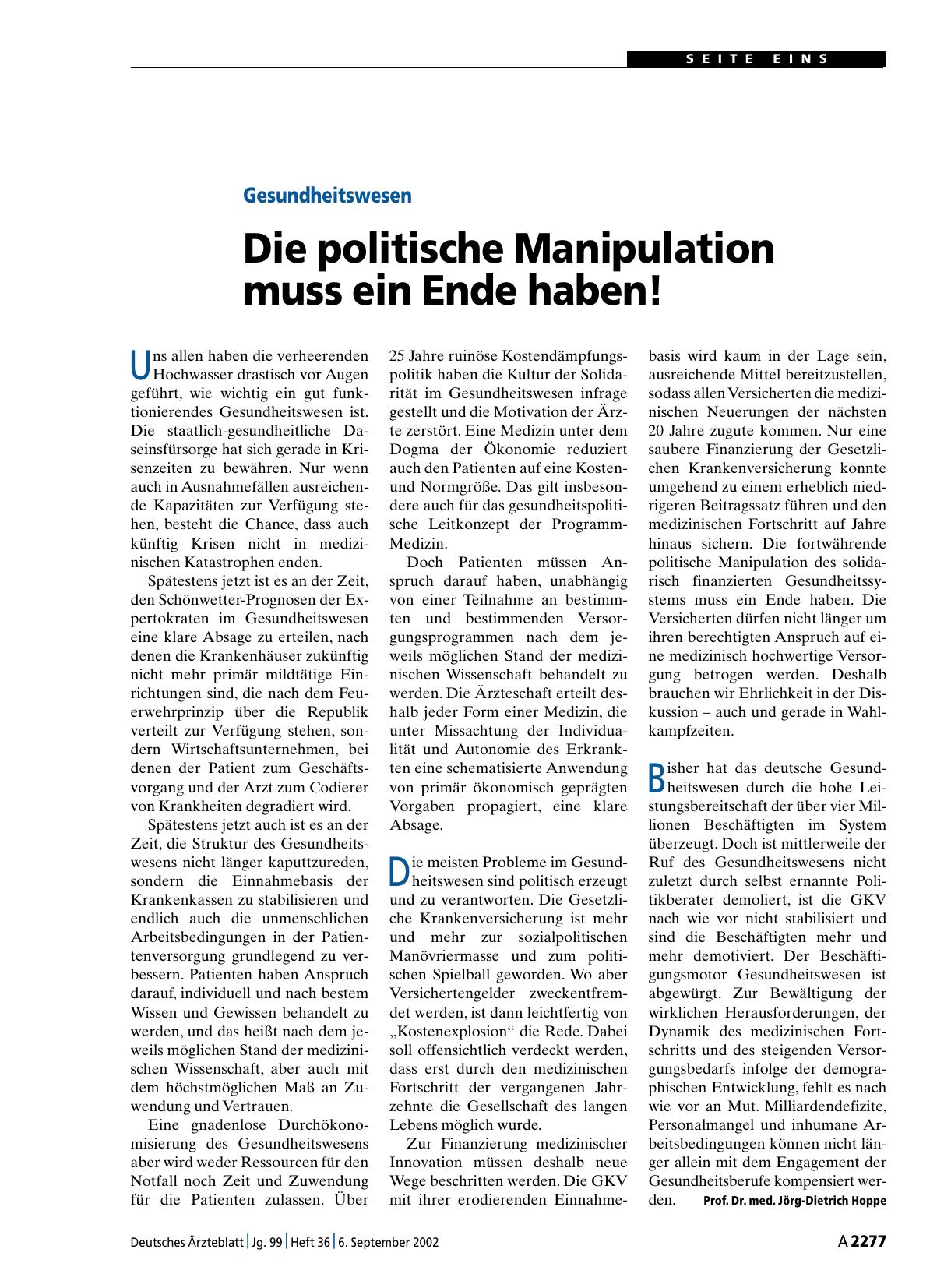 Vorschauseite 1: Gesundheitswesen: Die politische Manipulation muss ein Ende haben!