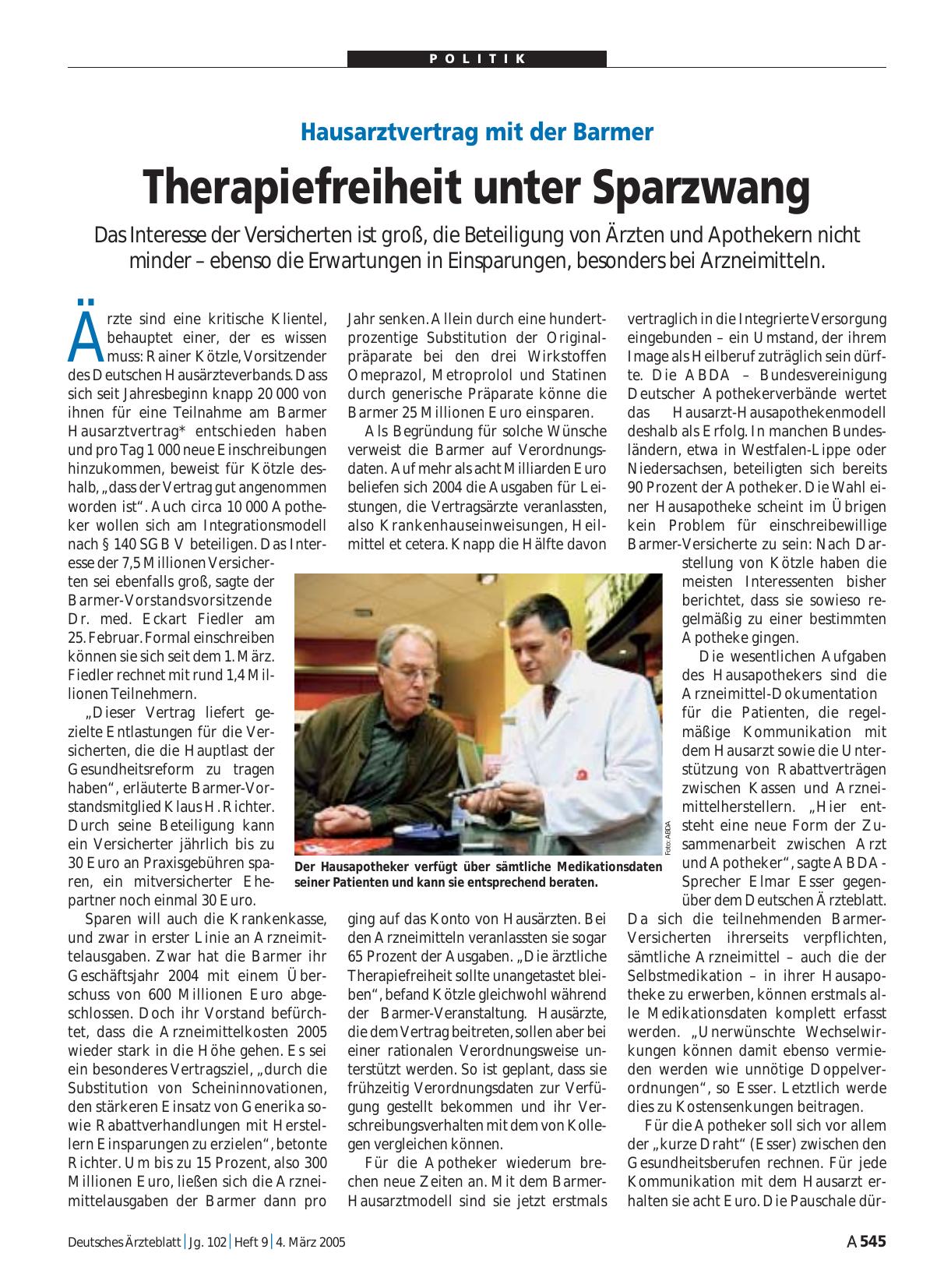 Vorschauseite 1: Hausarztvertrag mit der Barmer: Therapiefreiheit unter Sparzwang