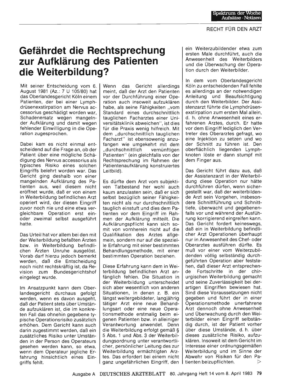 Vorschauseite 1: Gefährdet die Rechtsprechung zur Aufklärung des Patienten die Weiterbildung?