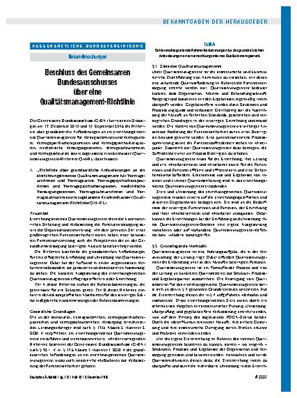 Vorschauseite 1: Beschluss des Gemeinsamen Bundesausschusses über eine Qualitätsmanagement-Richtlinie
