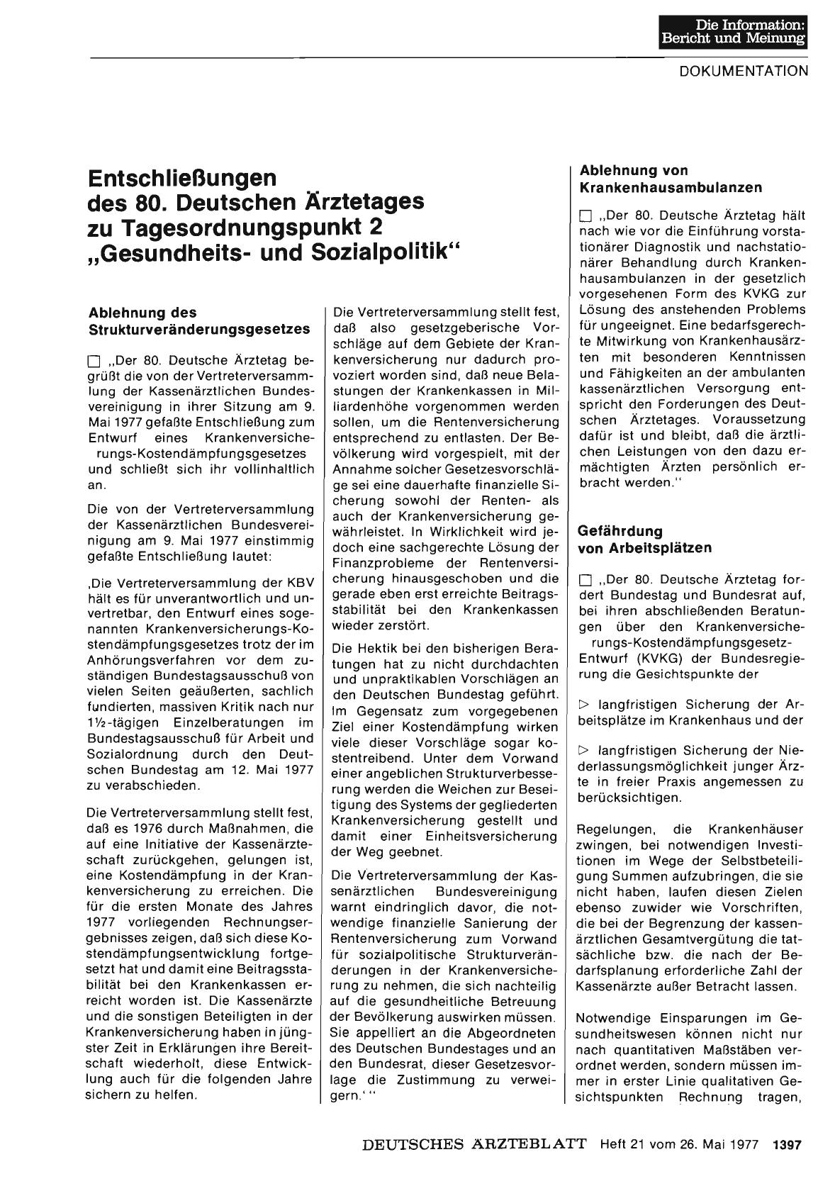 Vorschauseite 1: Entschließungen des 80. Deutschen Ärztetages zu Tagesordnungspunkt 2 „Gesundheitsund Sozialpolitik“