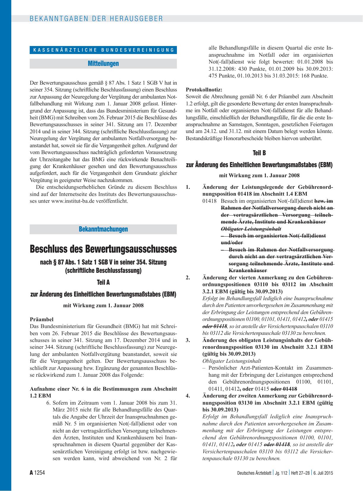 Vorschauseite 1: Beschluss des Bewertungsausschusses nach § 87 Abs. 1 Satz 1 SGB V in seiner 354. Sitzung (schriftliche Beschlussfassung)