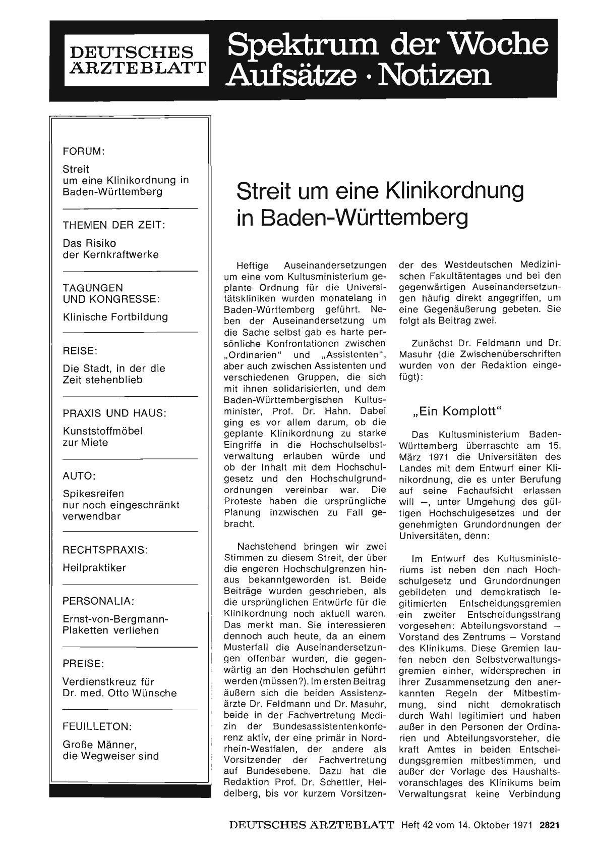 Vorschauseite 1: Streit um eine Klinikordnung in Baden-Württemberg