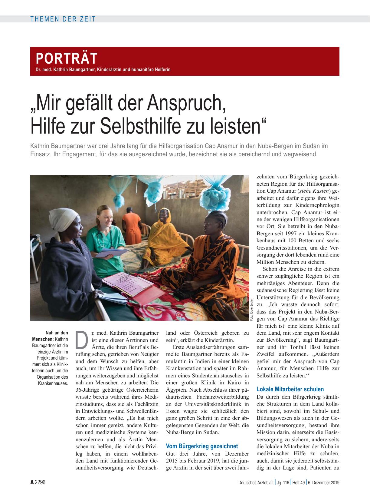 Vorschauseite 1: Porträt mit Dr. med. Kathrin Baumgartner, Kinderärztin und humanitäre Helferin: „Mir gefällt der Anspruch, Hilfe zur Selbsthilfe zu leisten“