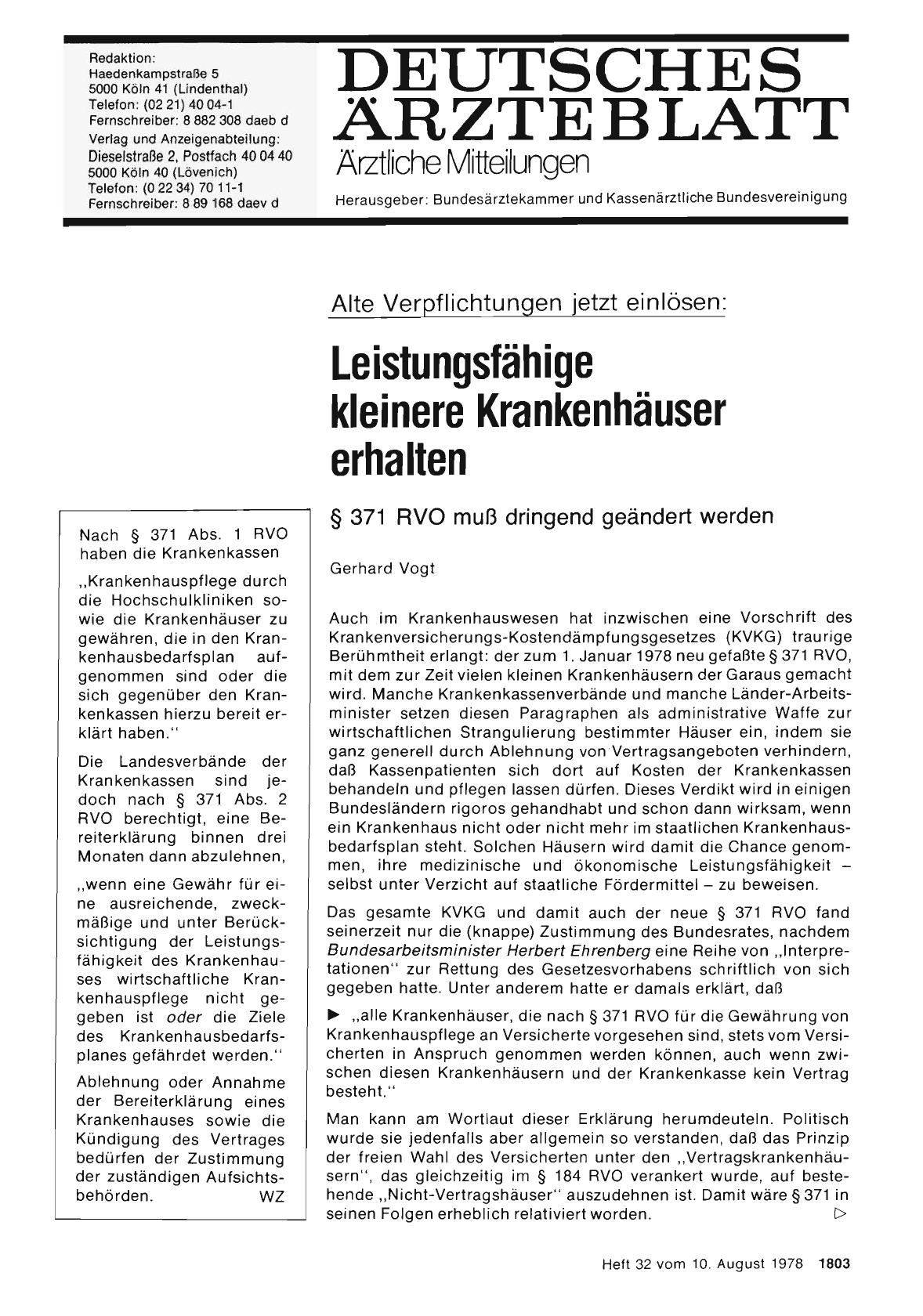 Vorschauseite 1: Alte Verpflichtungen jetzt einlösen: Leistungsfähige kleinere Krankenhäuser erhalten § 371 RVO muß dringend geändert werden