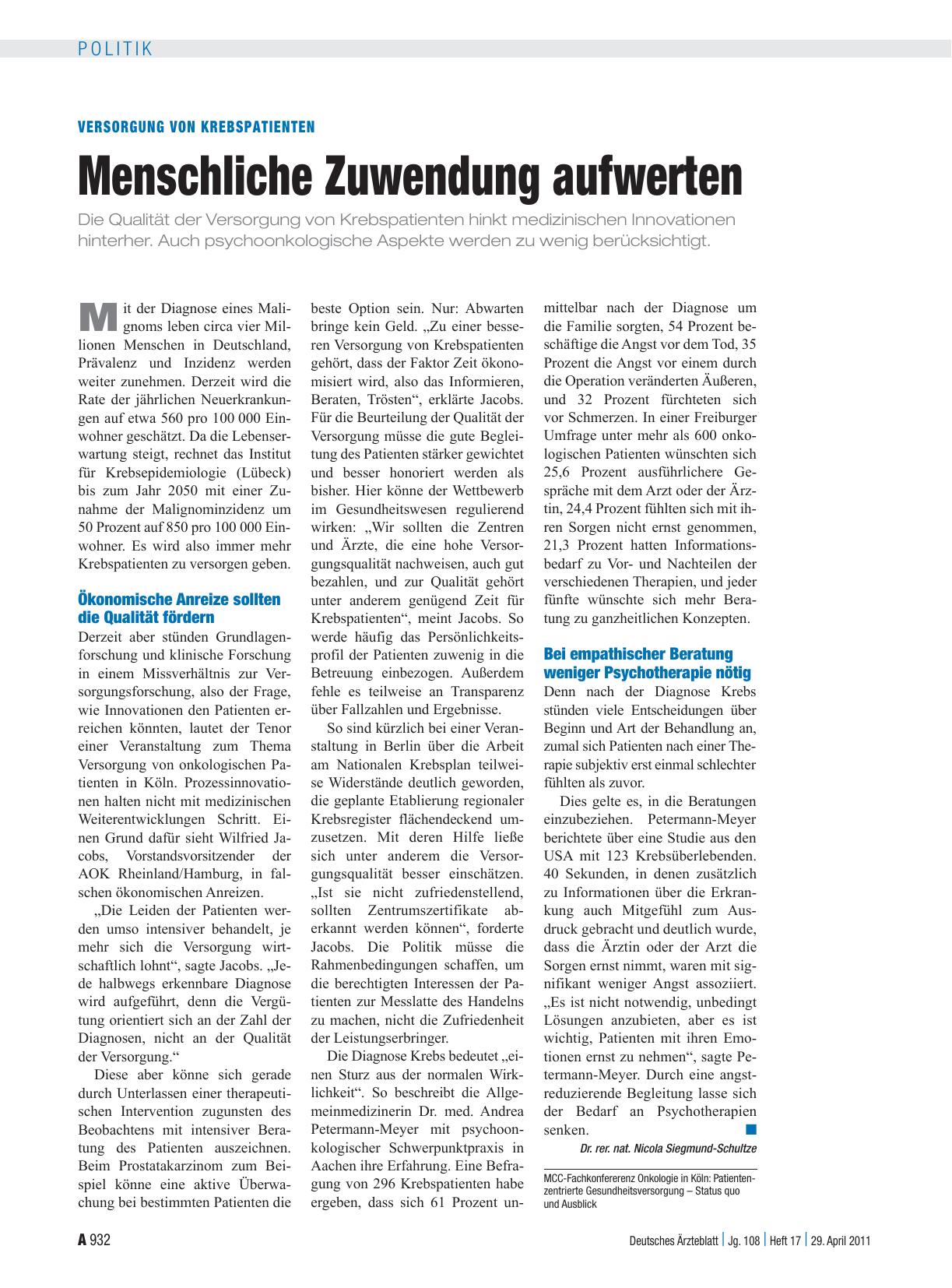 Vorschauseite 1: Versorgung von Krebspatienten: Menschliche Zuwendung aufwerten