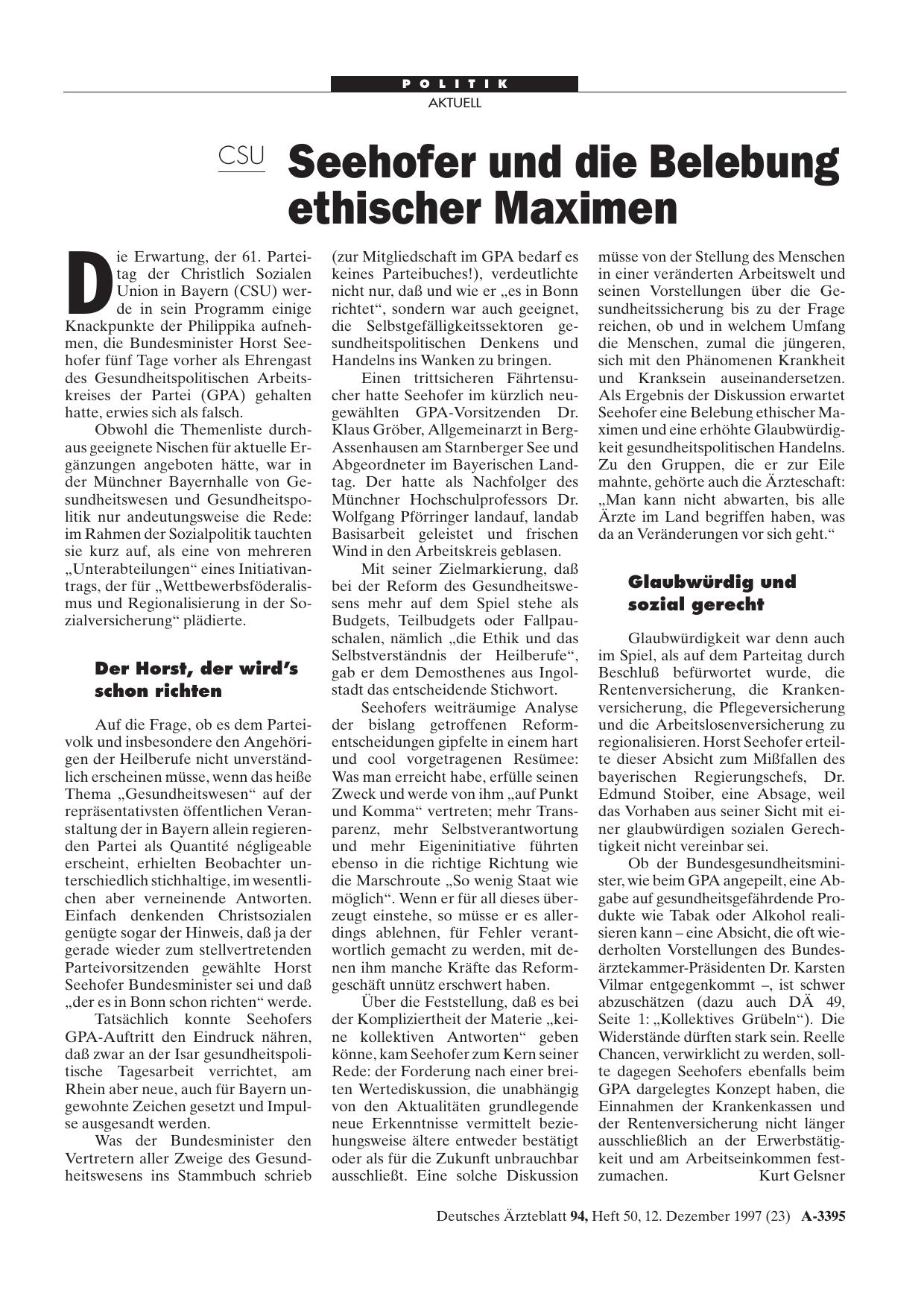 Vorschauseite 1: CSU: Seehofer und die Belebung ethischer Maximen