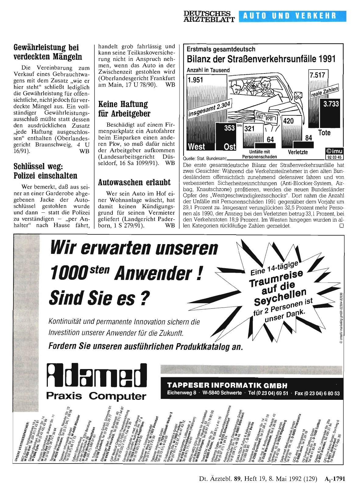Vorschauseite 1: Erstmals gesamtdeutsch: Bilanz der Straßenverkehrsunfälle 1991