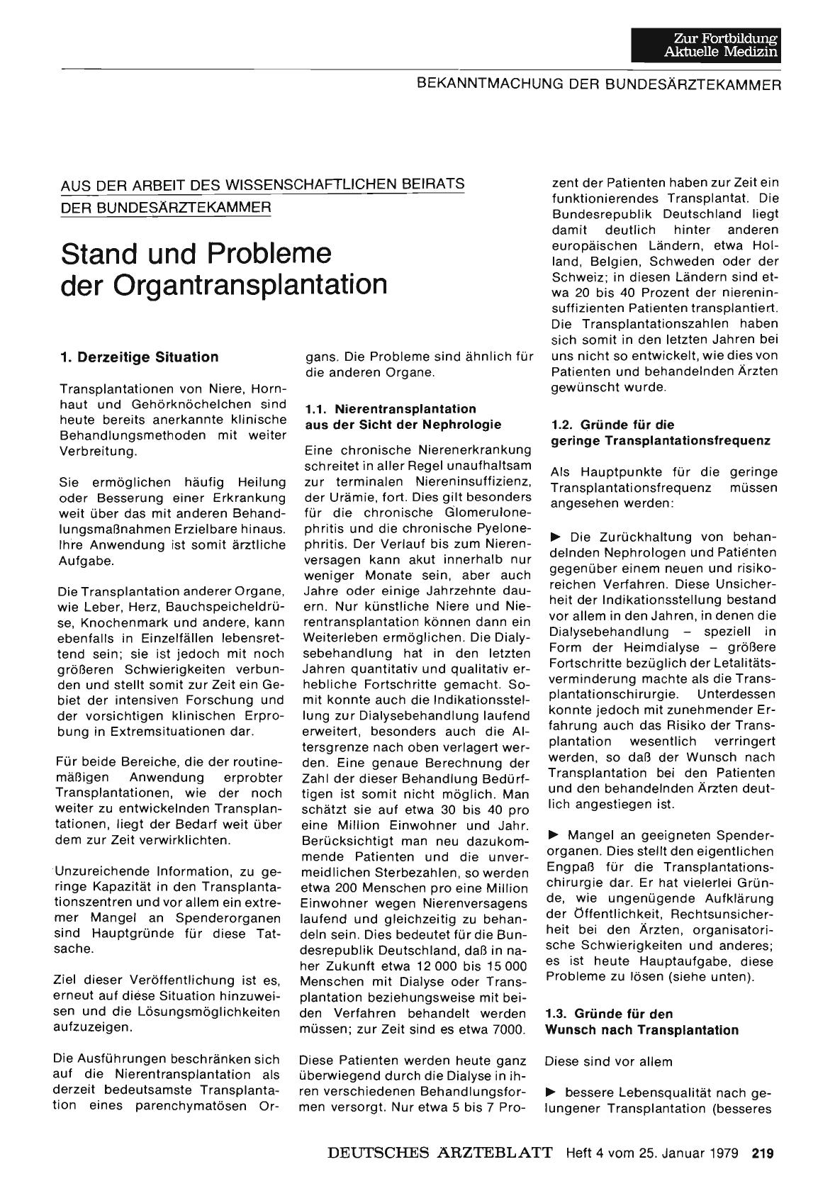 Vorschauseite 1: Aus der Arbeit des Wissenschaftlichen Beirats der Bundesärztekammer: Stand und Probleme der Organtransplantation