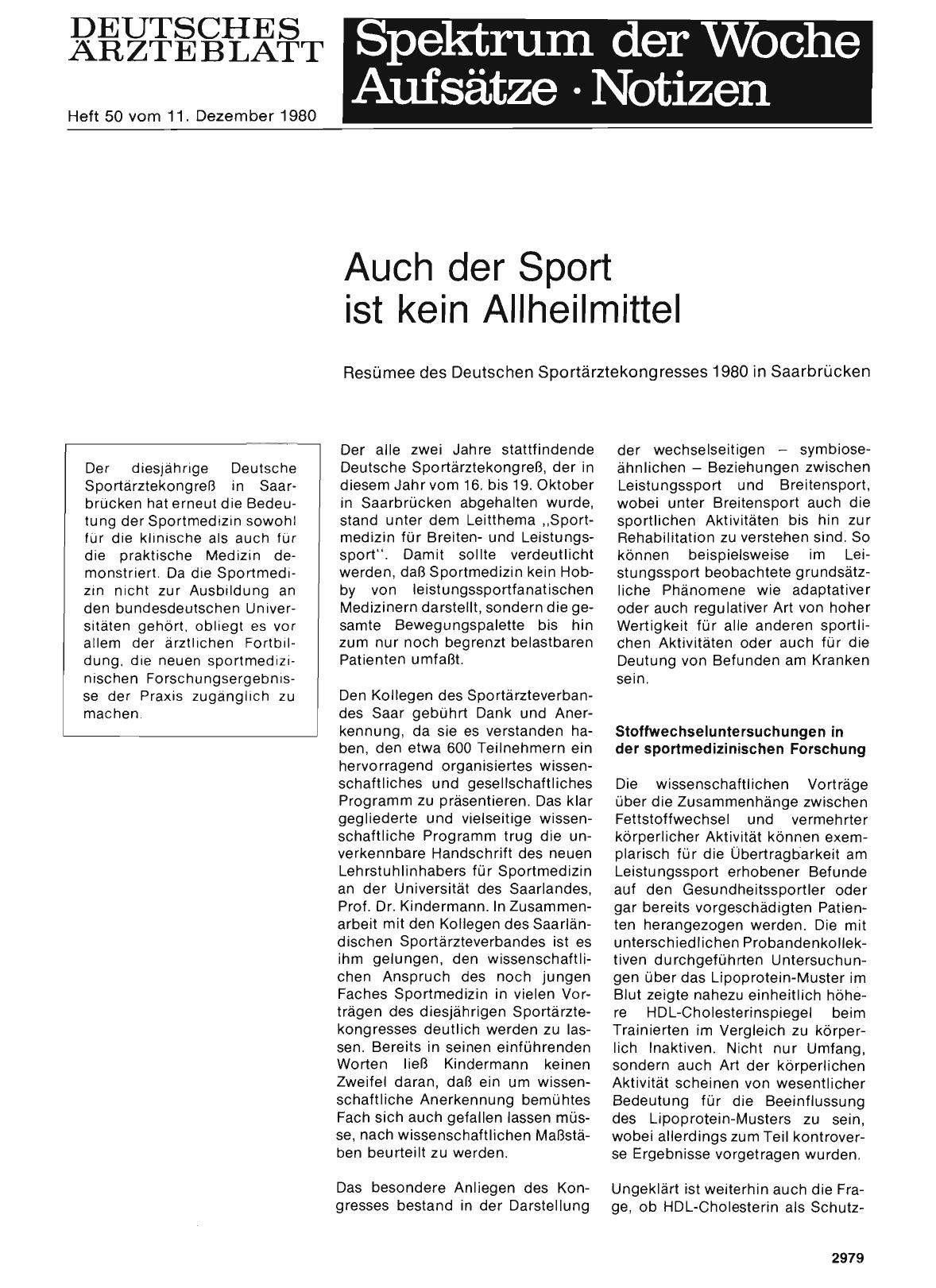 Vorschauseite 1: Auch der Sport ist kein Allheilmittel: Resümee des Deutschen Sportärztekongresses 1980 in Saarbrücken