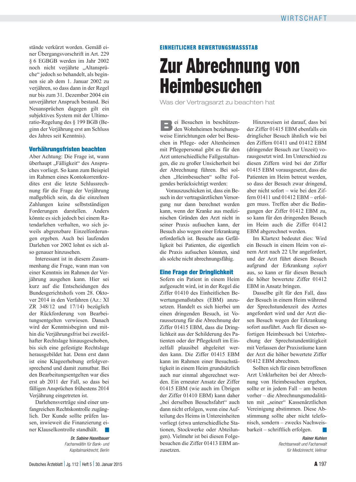 Vorschauseite 1: Einheitlicher Bewertungsmassstab: Zur Abrechnung von Heimbesuchen