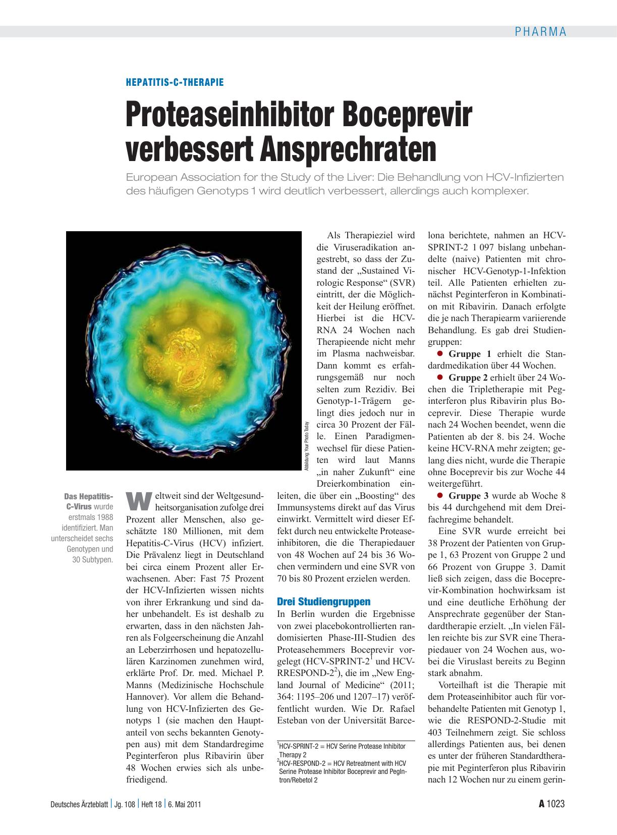 Vorschauseite 1: Hepatitis-C-Therapie: Proteaseinhibitor Boceprevir verbessert Ansprechraten