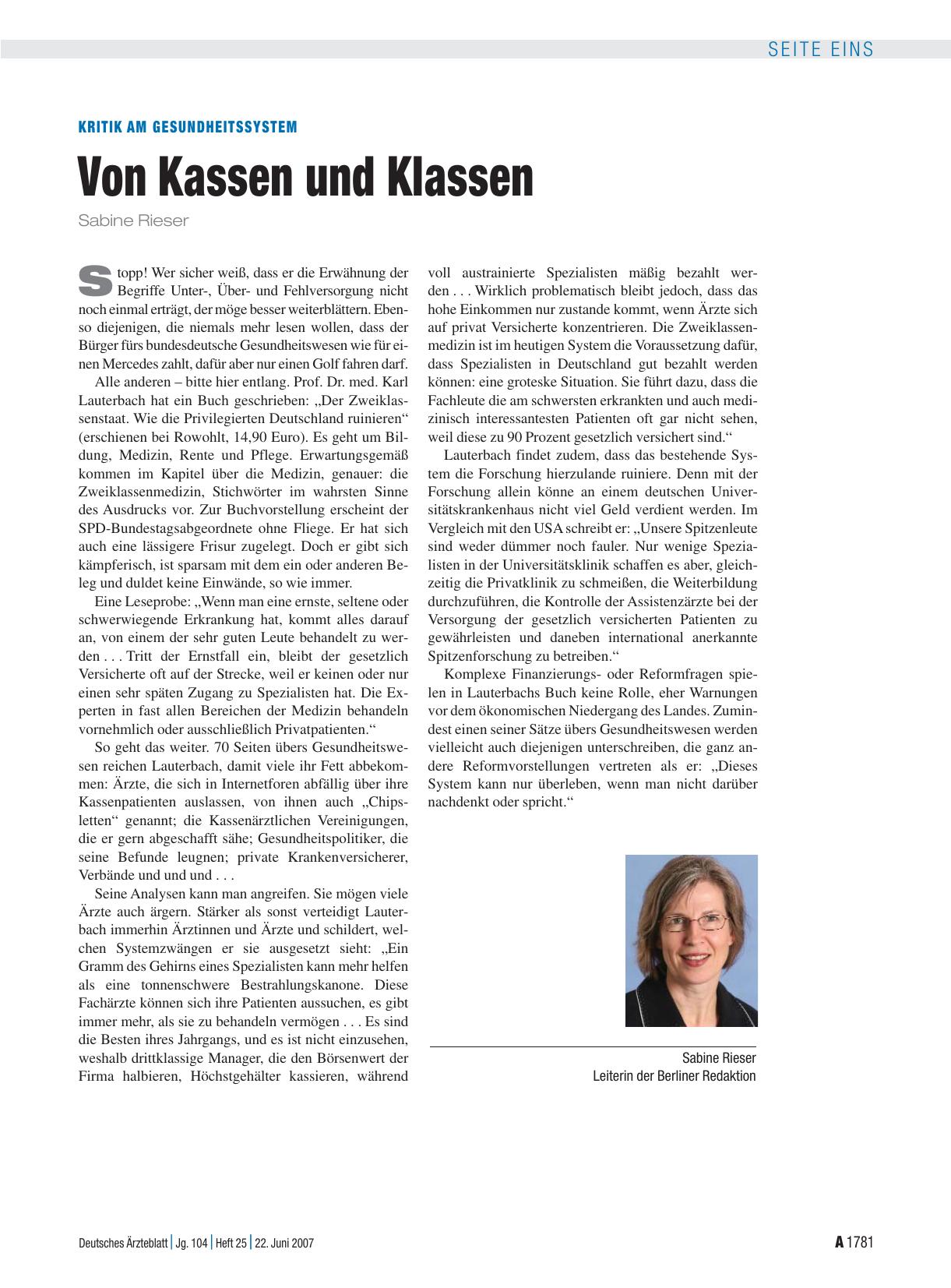 Vorschauseite 1: Kritik am Gesundheitssystem: Von Kassen und Klassen