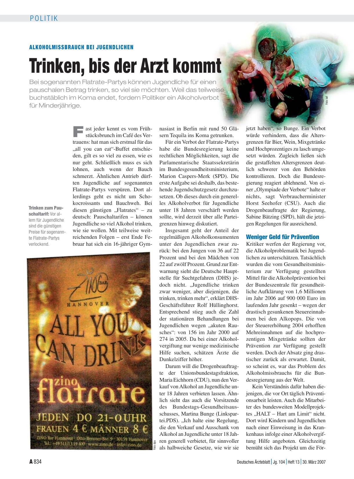 Vorschauseite 1: Alkoholmissbrauch bei Jugendlichen: Trinken, bis der Arzt kommt