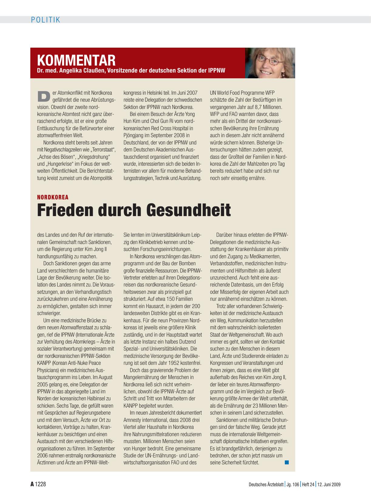 Vorschauseite 1: Nordkorea: Frieden durch Gesundheit