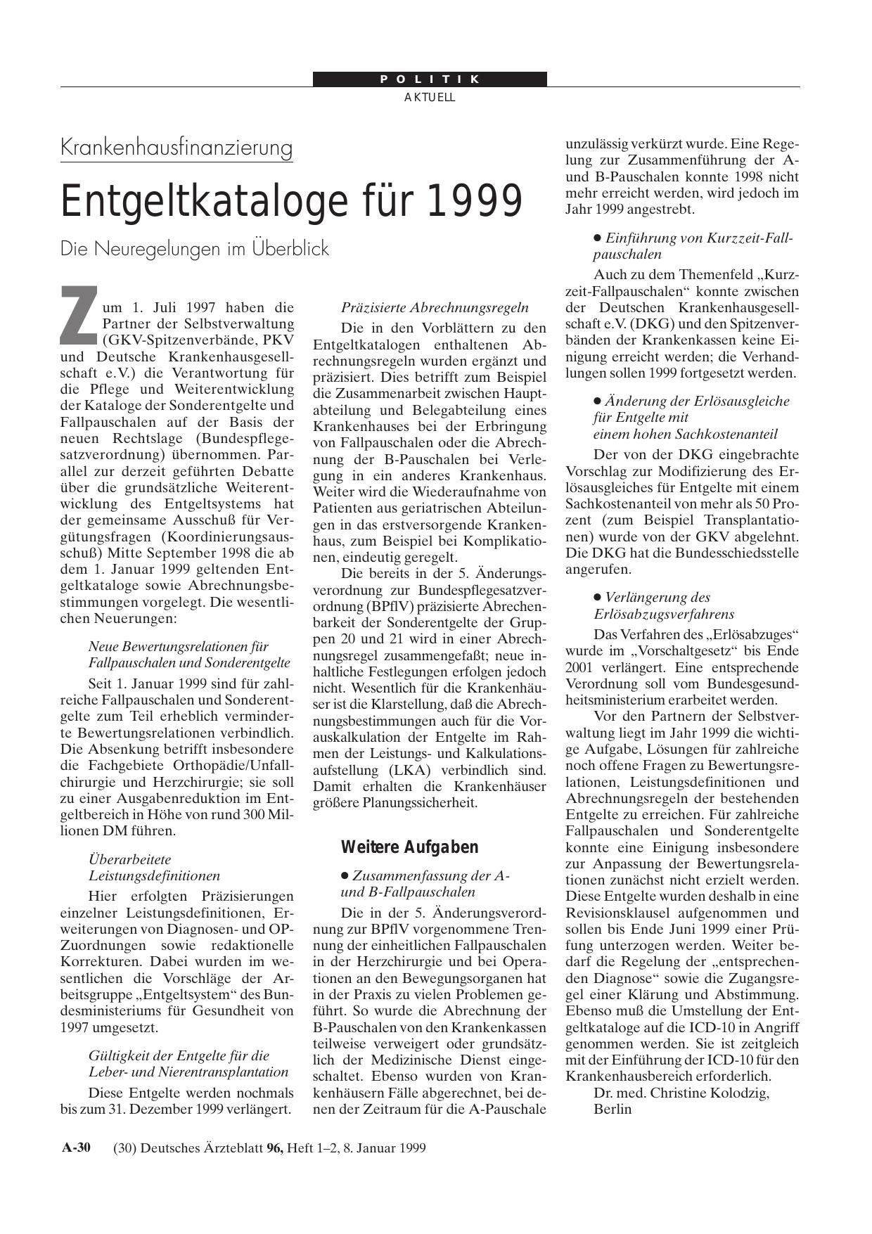 Vorschauseite 1: Krankenhausfinanzierung: Entgeltkataloge für 1999 - Die Neuregelungen im Überblick