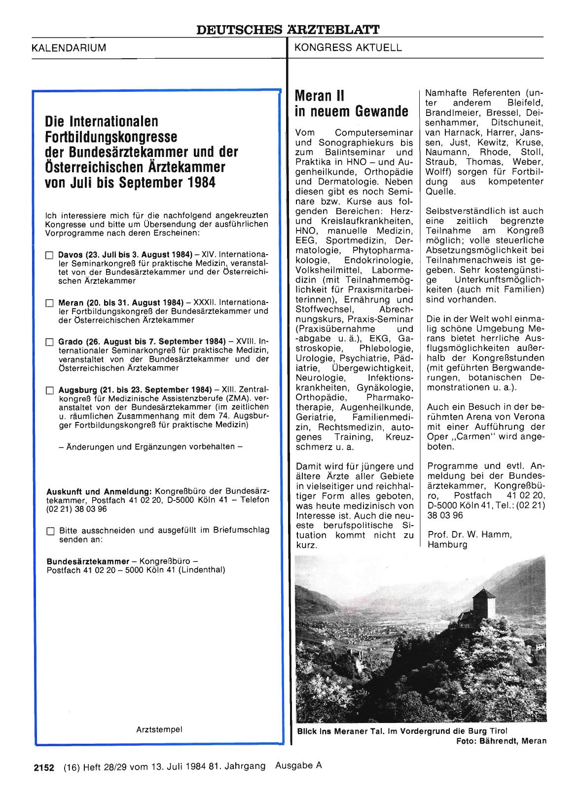 Vorschauseite 1: Die Internationalen Fortbildungskongresse der Bundesärztekammer und der Österreichischen Ärztekammer von Juli bis September 1984
