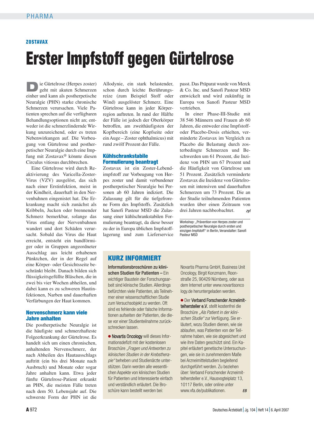 Vorschauseite 1: Zostavax: Erster Impfstoff gegen Gürtelrose