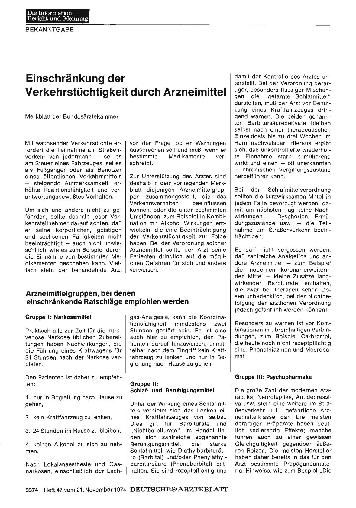 Vorschauseite 1: Einschränkung der Verkehrstüchtigkeit durch Arzneimittel: Merkblatt der Bundesärztekammer