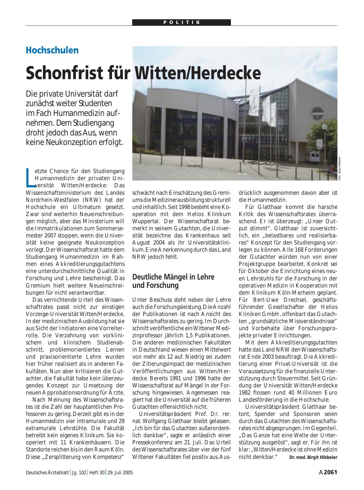 Vorschauseite 1: Hochschulen: Schonfrist für Witten/Herdecke