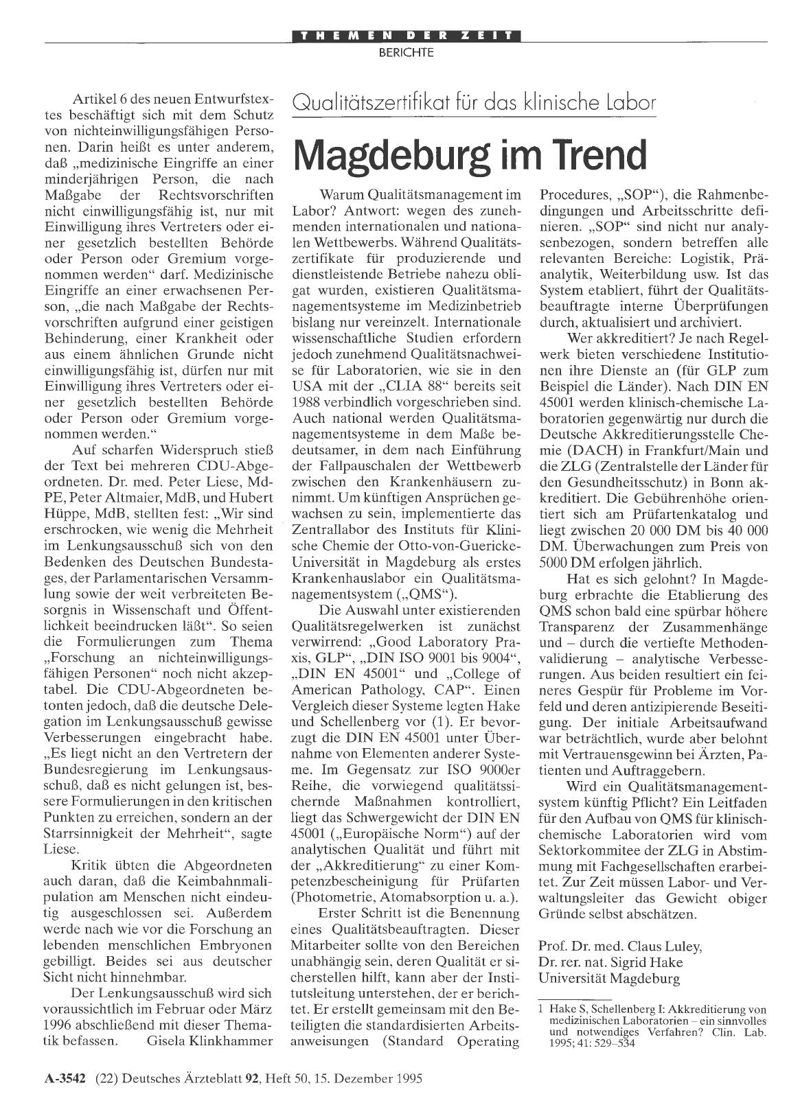 Vorschauseite 1: Qualitätszertifikat für das Klinische Labor: Magdeburg im Trend