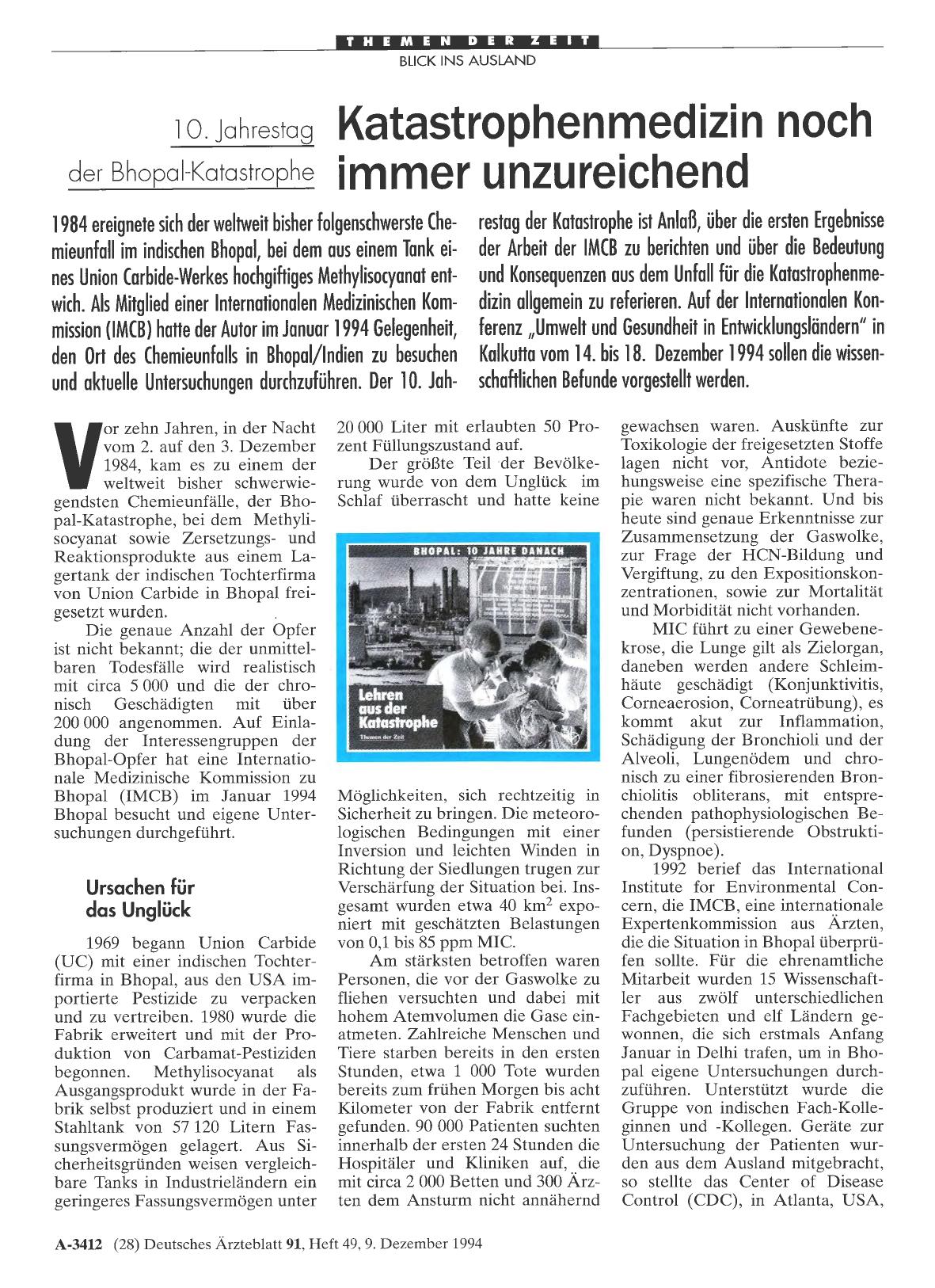 Vorschauseite 1: 1 0. Jahrestag der Bhopal -Katastrophe: Katastrophenmedizin noch immer unzureichend