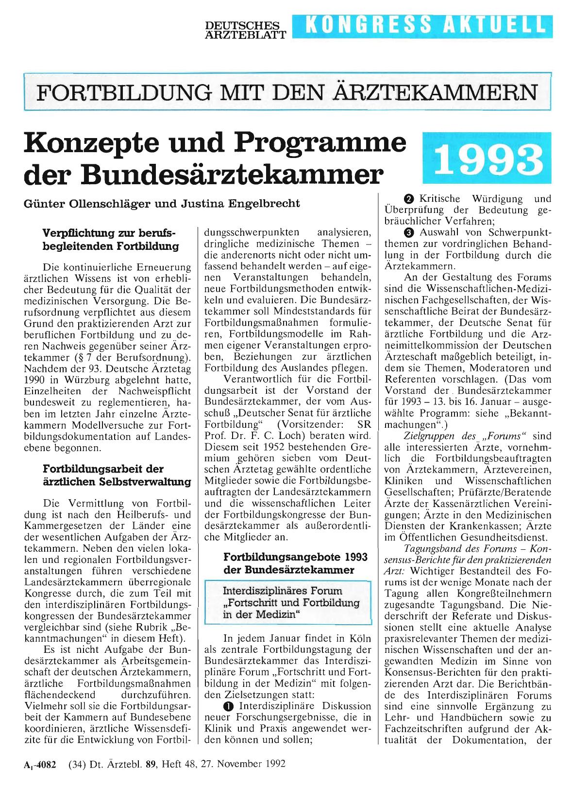 Vorschauseite 1: FORTBILDUNG MIT DEN ÄRZTEKAMMERN: Konzepte und Programme der Bundesärztekammer 1993
