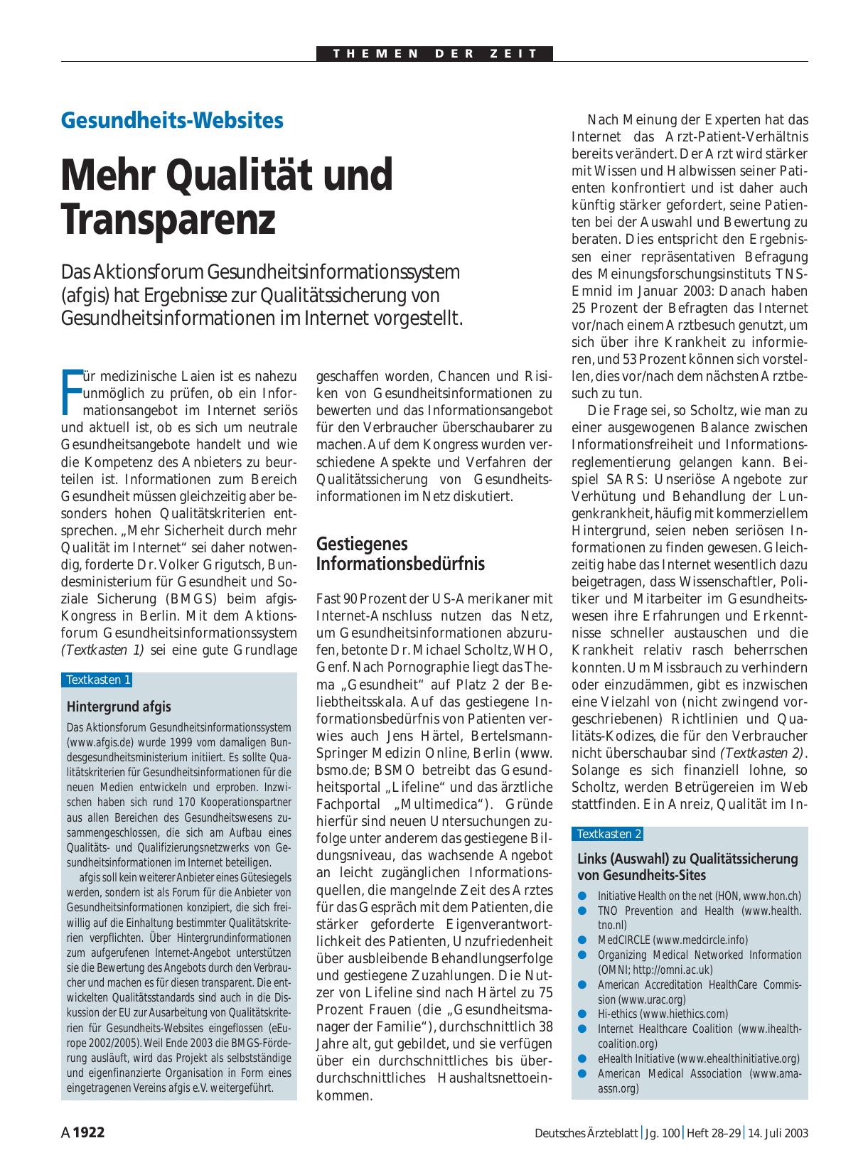 Vorschauseite 1: Gesundheits-Websites: Mehr Qualität und Transparenz