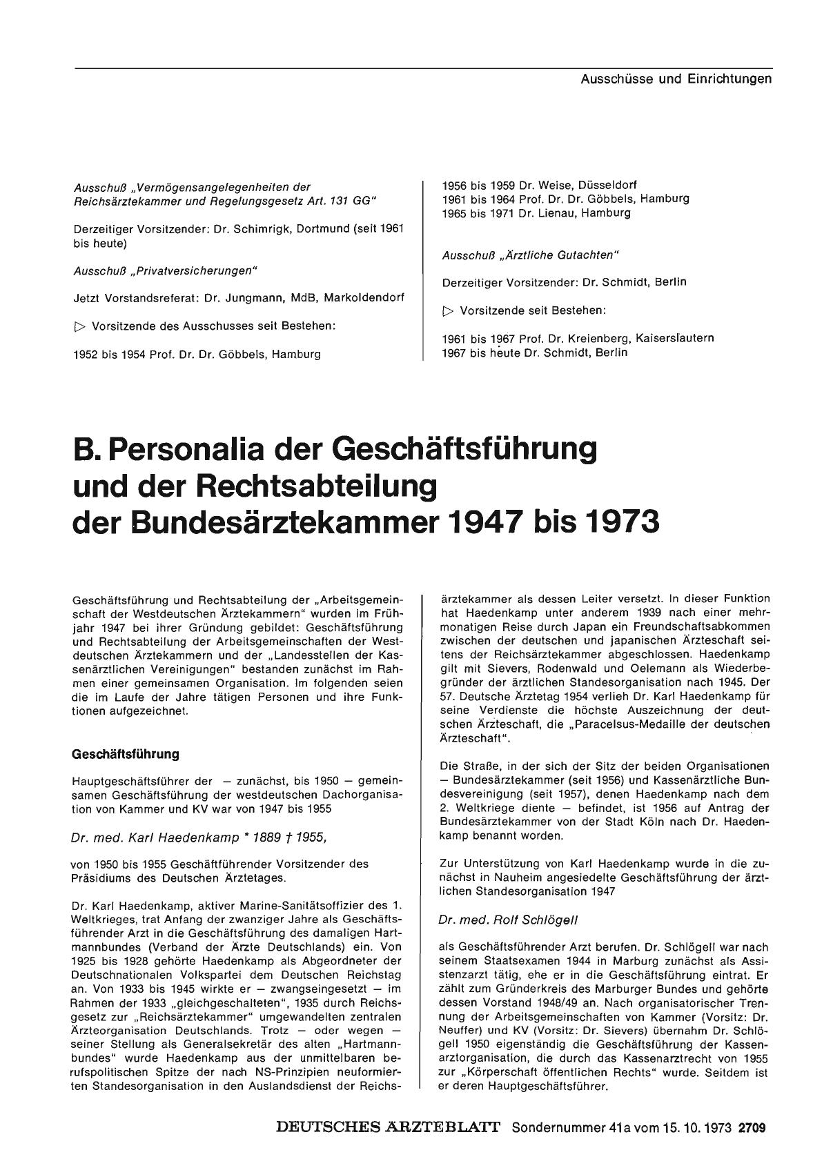 Vorschauseite 1: B. Personalia der Geschäftsführung und der Rechtsabteilung der Bundesärztekammer 1947 bis 1973