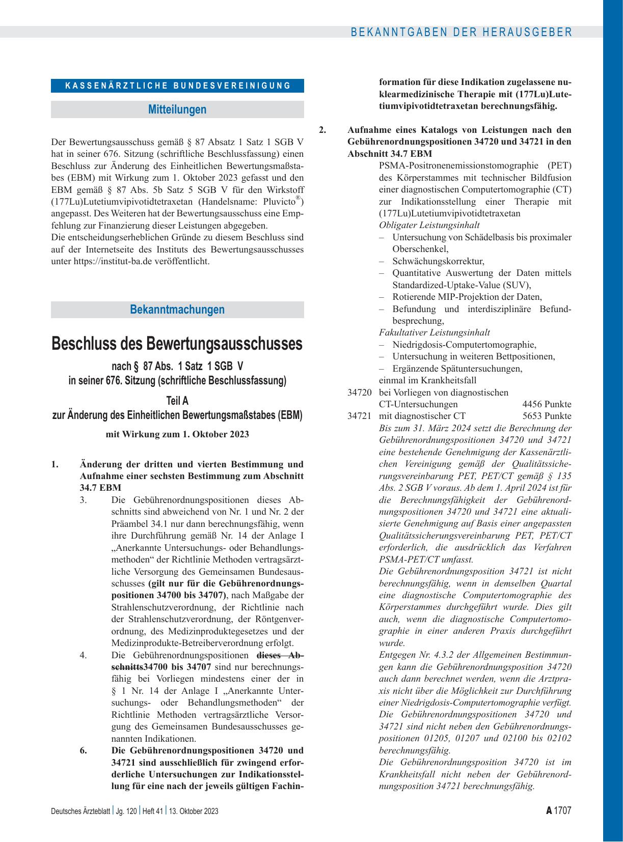 Vorschauseite 1: Beschluss des Bewertungsausschusses nach § 87 Abs. 1 Satz 1 SGB V in seiner 676. Sitzung (schriftliche Beschlussfassung): Teil A zur Änderung des Einheitlichen Bewertungsmaßstabes…
