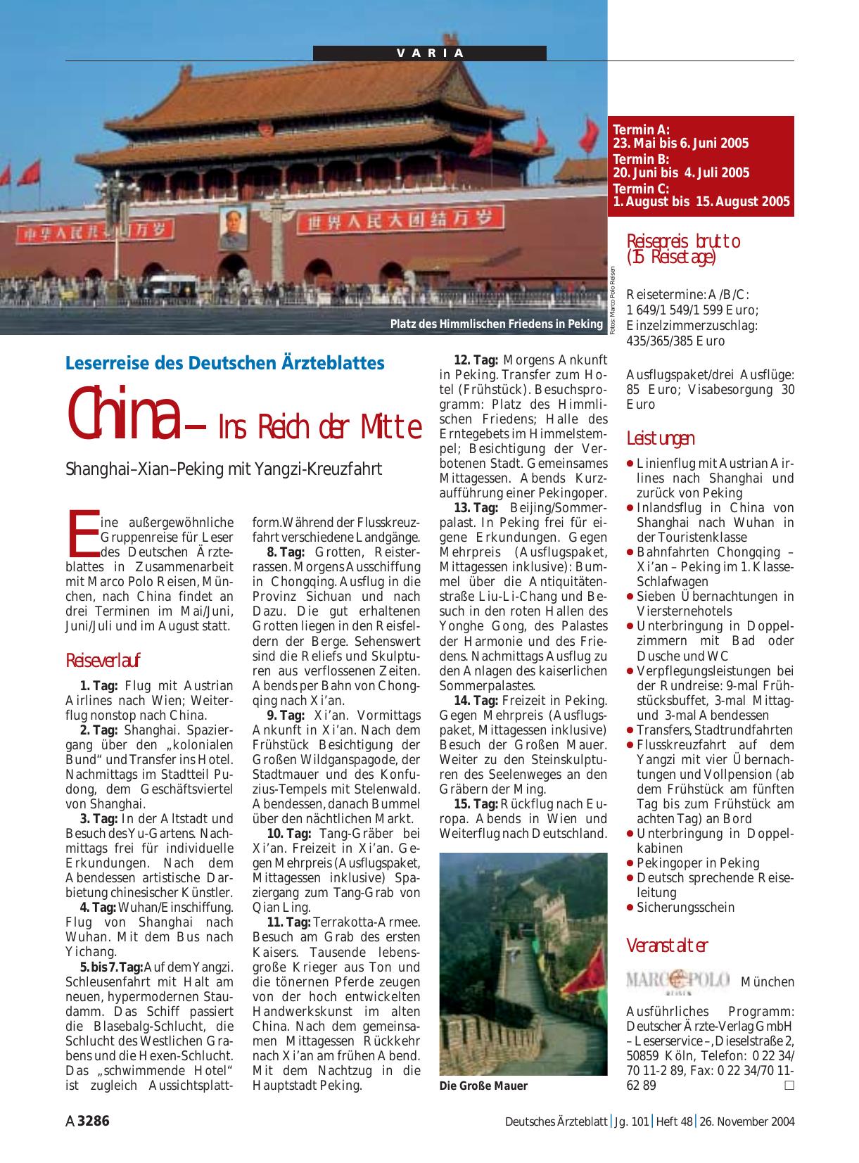 Vorschauseite 1: Leserreise des Deutschen Ärzteblattes: China Ins Reich der Mitte