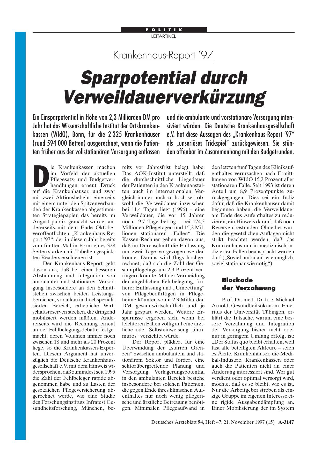 Vorschauseite 1: Krankenhaus-Report '97: Sparpotential durch Verweildauerverkürzung