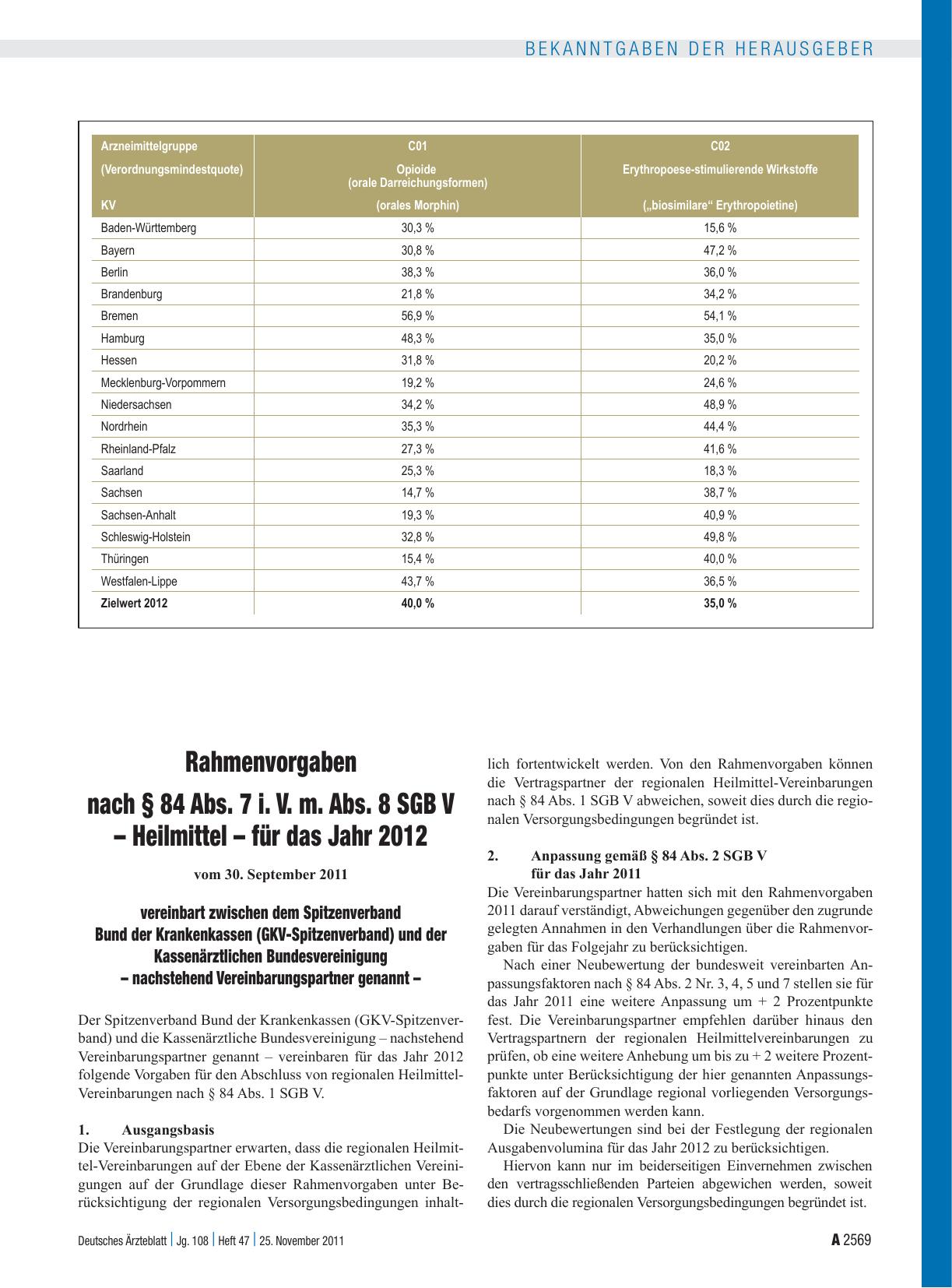 Vorschauseite 1: Rahmenvorgaben nach § 84 Abs. 7 i. V. m. Abs. 8 SGB V – Heilmittel – für das Jahr 2012 vereinbart zwischen dem Spitzenverband Bund der Krankenkassen (GKV-Spitzenverband) und der K…