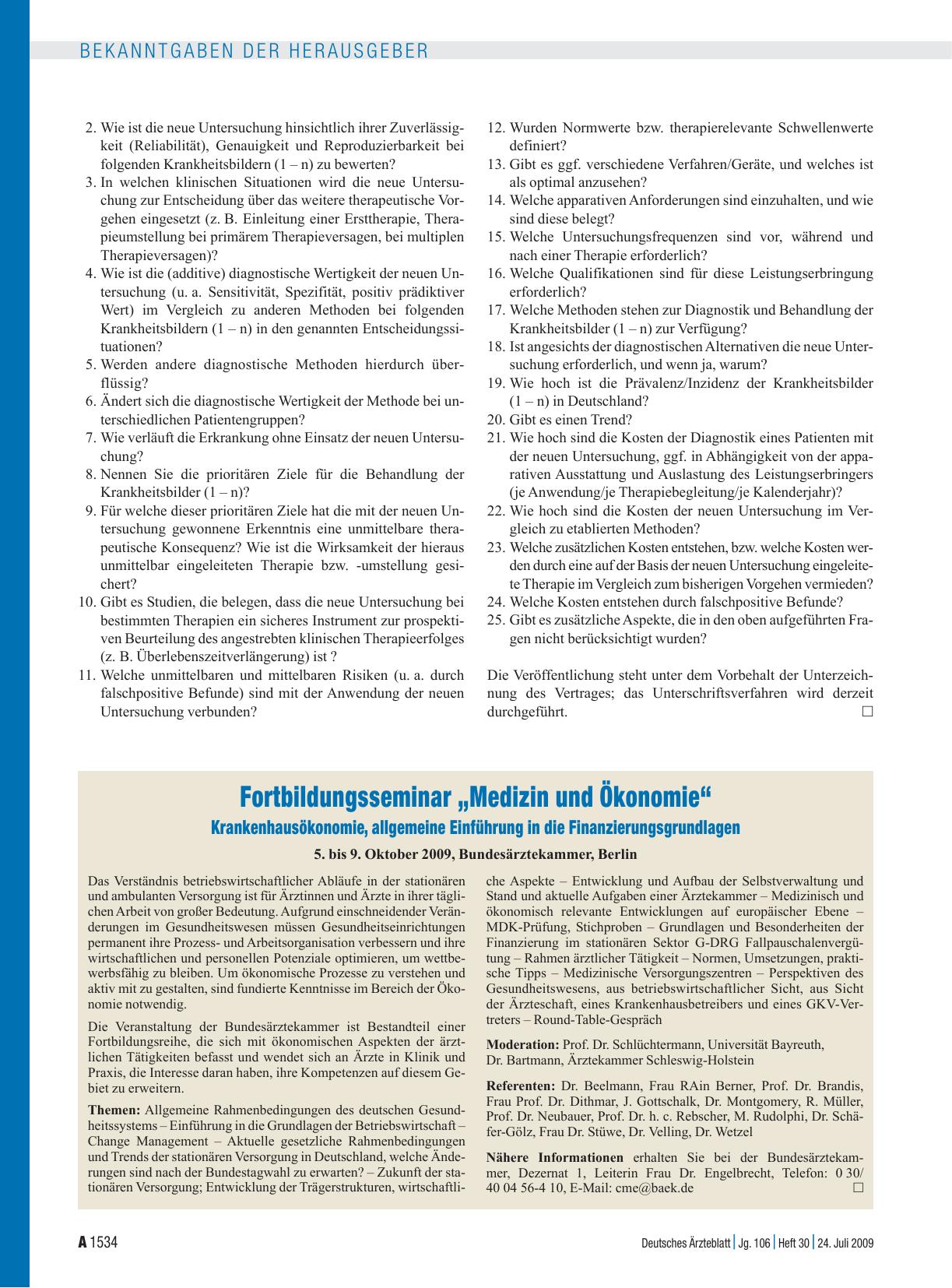 Vorschauseite 1: Fortbildungsseminar „Medizin und Ökonomie“ Krankenhausökonomie, allgemeine Einführung in die Finanzierungsgrundlagen 5. bis 9. Oktober 2009, Bundesärztekammer, Berlin